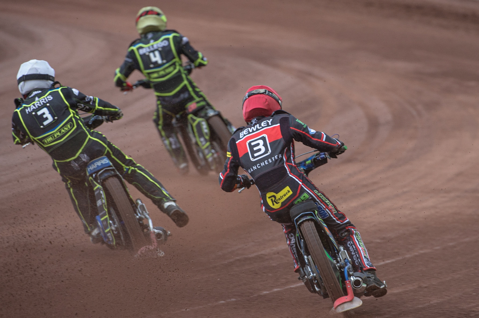 Photo: Ian Charles

Dan Bewley  (Red) chases Chris Harris  (White) and David Bellego (Yellow)

Belle Vue Aces v Ipswich Witches, British Speedway Premiership, Belle Vue National Speedway Stadium, Manchester, Monday 3  June  2019