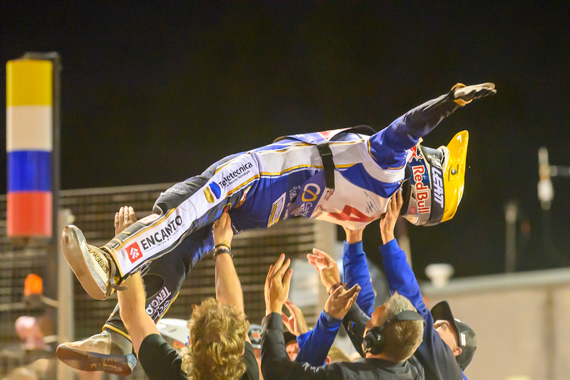 Robert Lambert (4)  gets the bumps after his winning the British Championship during the Cab Direct British Speedway Championship Final at the National Speedway Stadium, Manchester on Saturday 15th August 2026. (Photo: Ian Charles | MI News)
