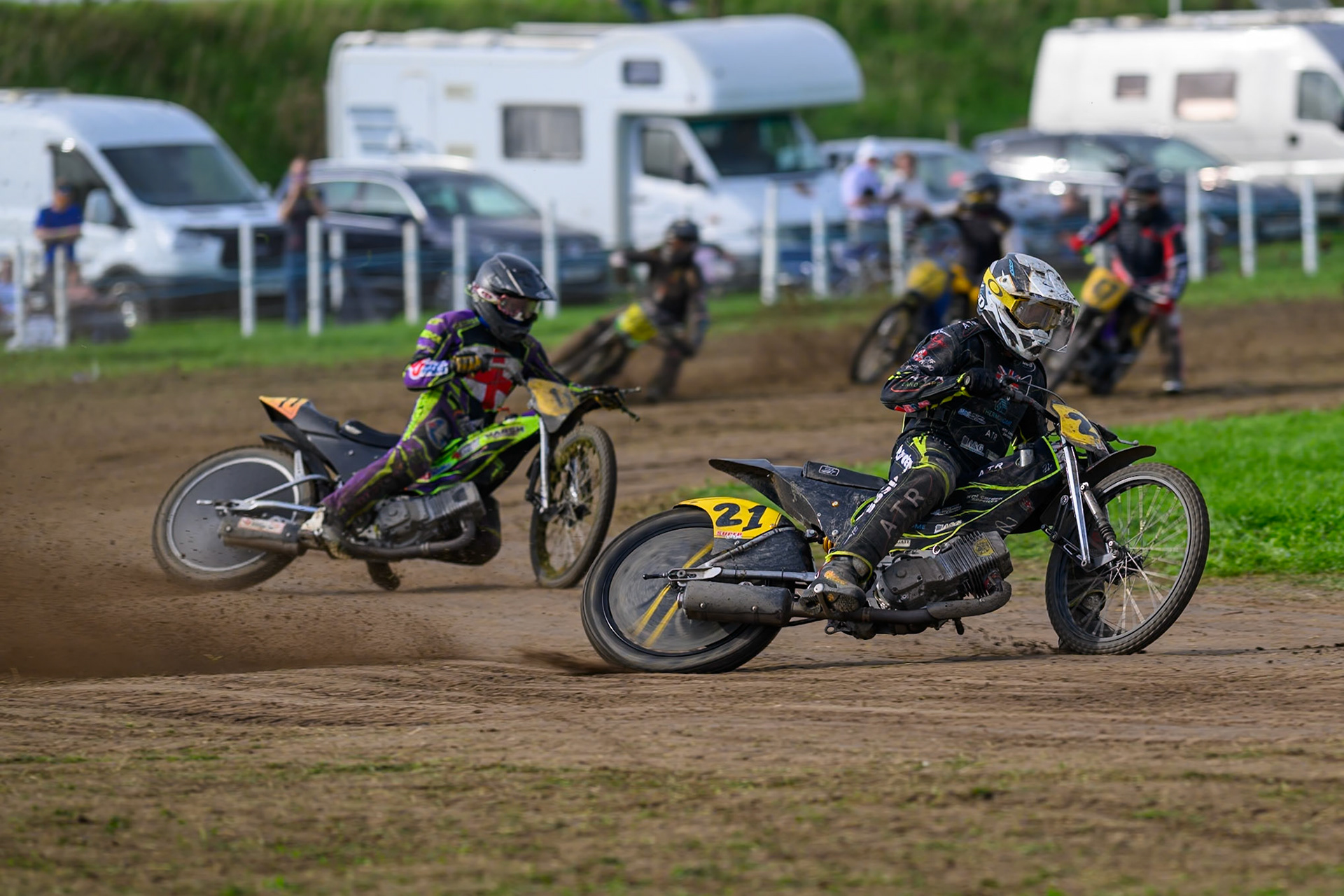 British Masters (Solos): Darryl Ritchings (21)  leading  Paul Cooper (11) during the British Masters Grasstrack Championship at Lower Marsh Farm, Much Hoole, Preston in Lancashire, England on Sunday 13th September 2026. (Photo: Ian Charles | MI News)