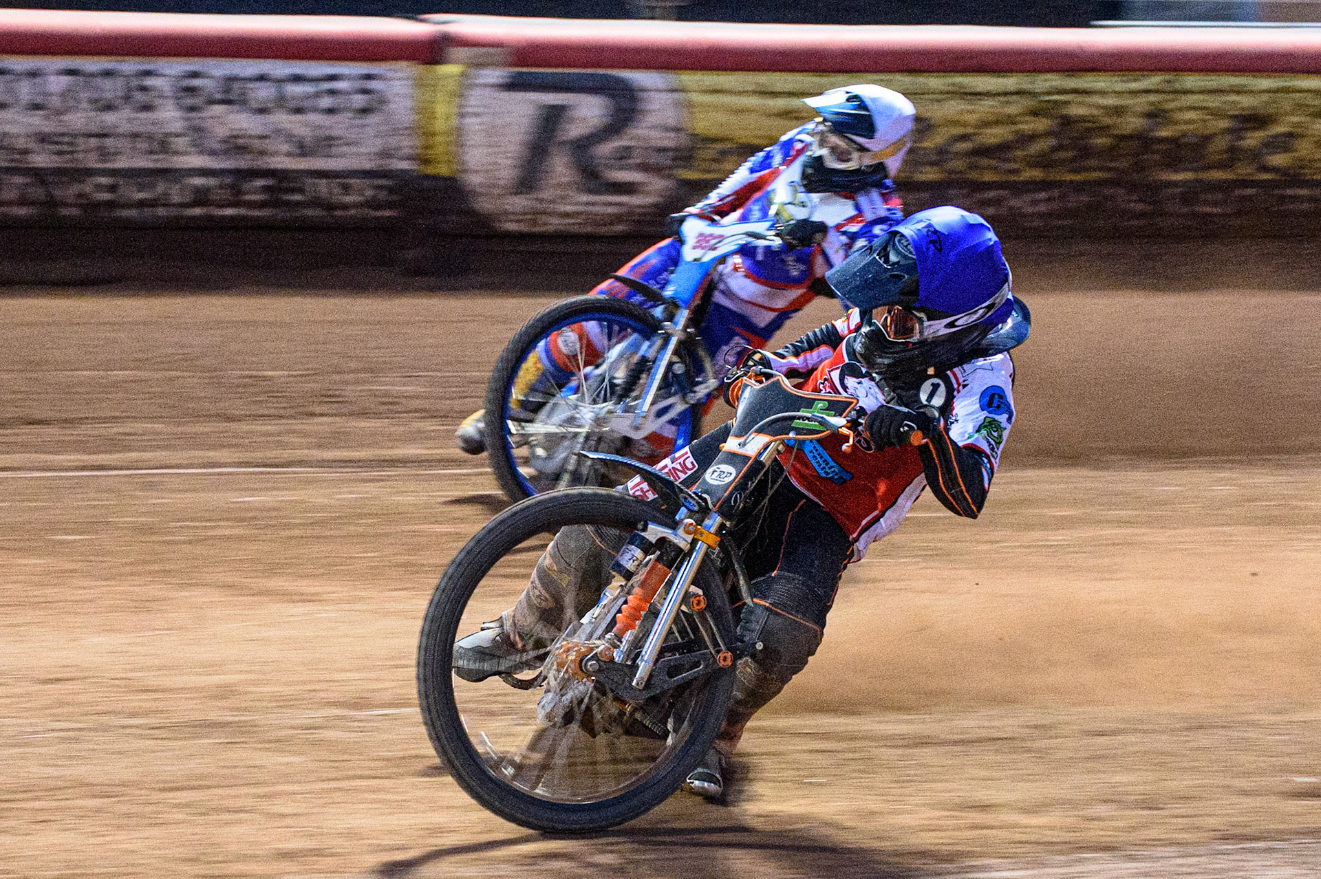 MANCHESTER, UK. JULY 23RD Jack Smith  (Blue) passes Jake Knight  (White) during the National Development League match between Belle Vue Colts and Eastbourne Seagulls at the National Speedway Stadium, Manchester on Friday 23rd July 2021. (Credit: Ian Charles | MI News)