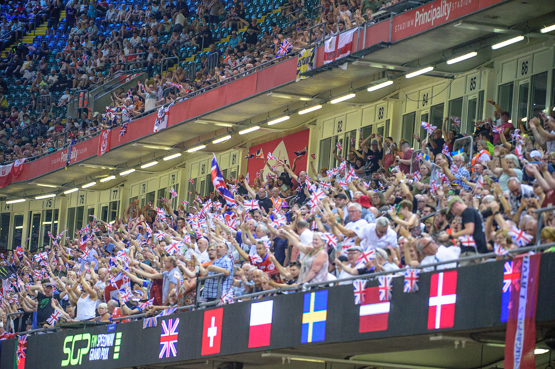 The fans cheer Dan Bewley’s heat win during the FIM  Speedway Grand Prix of Great Britain at the Principality Stadium, Cardiff on Saturday 13th August 2022. (Credit: Ian Charles | MI News