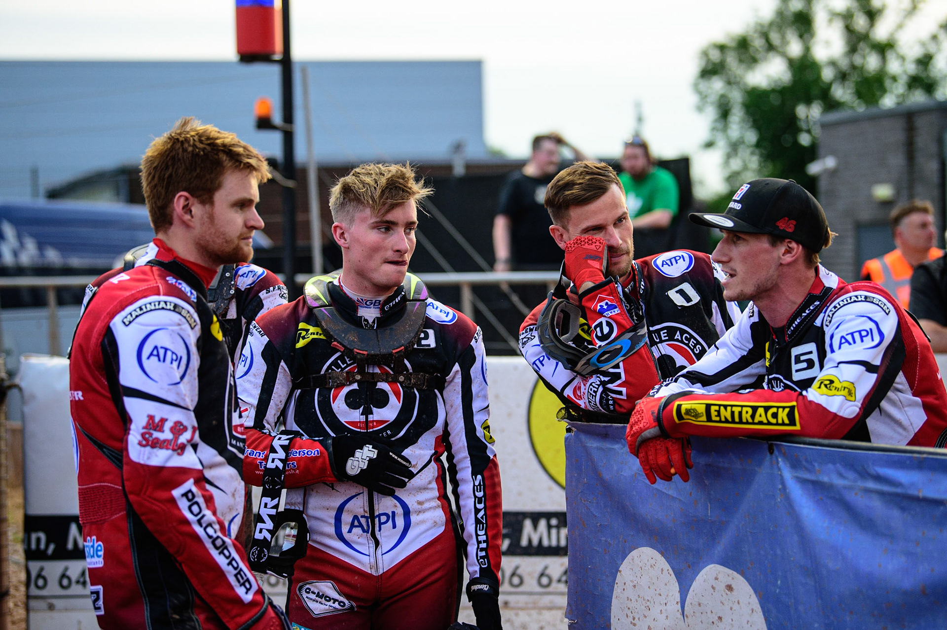 MANCHESTER UK (l - r) Brady Kurtz ,Tom Brennan ,Matej Zagar , Max Fricke   during the SGB Premiership match between Belle Vue Aces and King's Lynn Stars at the National Speedway Stadium, Manchester on Monday 11th July 2022. (Credit: Ian Charles | MI News)