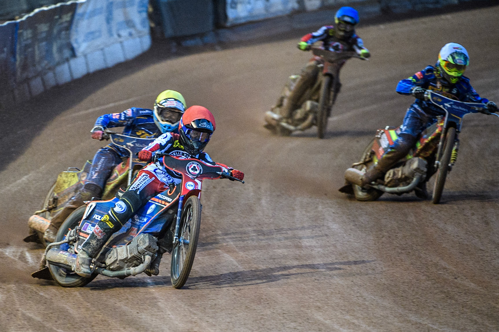 Jaimon Lidsey (Red) leads  Anders Rowe (Yellow) Michael Palm Toft (White) and Tom Brennan (Blue) during the Sports Insure Premiership match between Belle Vue Aces and King's Lynn Stars at the National Speedway Stadium, Manchester on Monday 21st August 2023. (Photo: Ian Charles | MI News)