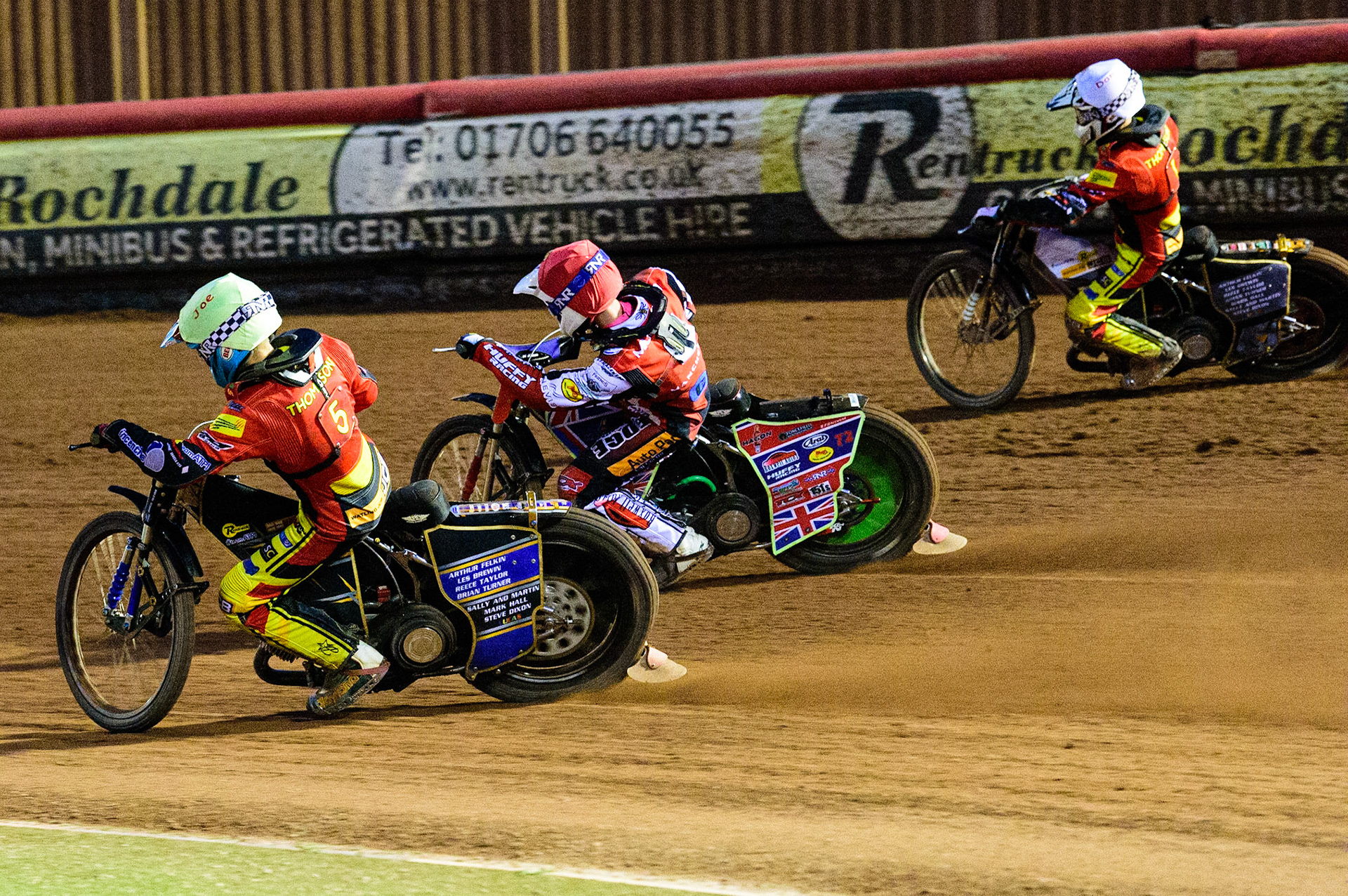 Joe Thompson   (Yellow) inside Jake Mulford  (Red) and  Dan Thompson   (White) during the National Development League match between Belle Vue Aces and Leicester Lions at the National Speedway Stadium, Manchester on Friday 19th August 2022. (Credit: Ian Charles | MI News)