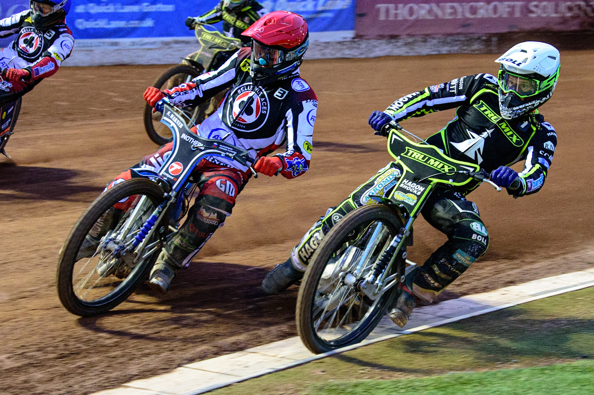 MANCHESTER, UK. JUN 6TH  Matej Žagar  (Red) outside Jason Doyle  (White) during the SGB Premiership match between Belle Vue Aces and Ipswich Witches at the National Speedway Stadium, Manchester on Monday 6th June 2022. (Credit: Ian Charles | MI News)