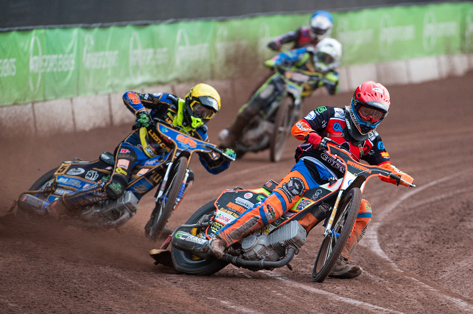 Photo: Ian Charles

Jordan Palin  (Red) leads Danyon Hume  (White) Anders Rowe  (Yellow) and Danny Phillips  (Blue)

Belle Vue Colts v Leicester Cubs, SGB National League, Belle Vue National Speedway Stadium, Manchester, Thursday 8  August  2019