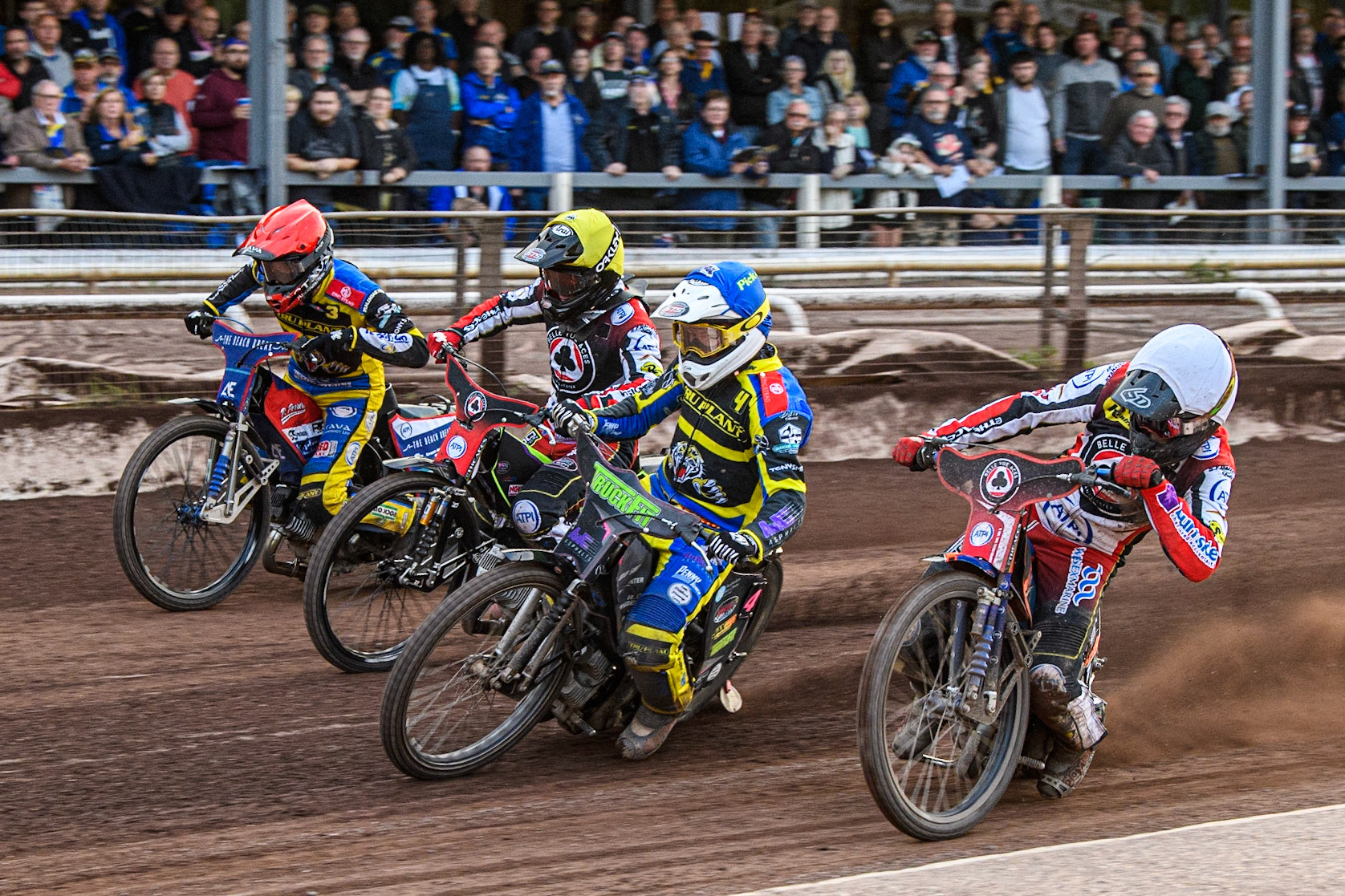 Brady Kurtz (White) inside Josh Pickering (Blue), Tom Brennan (Yellow) and Adam Ellis (Red) during the Sports Insure Premiership match between Sheffield Tigers and Belle Vue Aces at Owlerton Stadium, Sheffield on Thursday 20th July 2023. (Photo: Ian Charles | MI News)