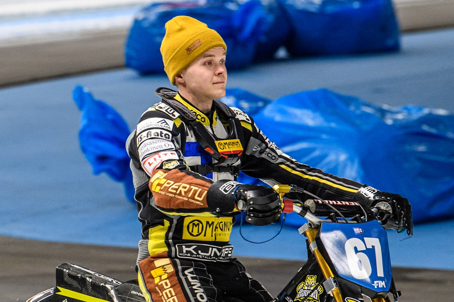 Heikki Huusko (67) of Finland during the Ice Speedway Gladiators World Championship Final 1 at Max-Aicher-Arena, Inzell on Saturday 15th March 2025. (Photo: Ian Charles | MI News)