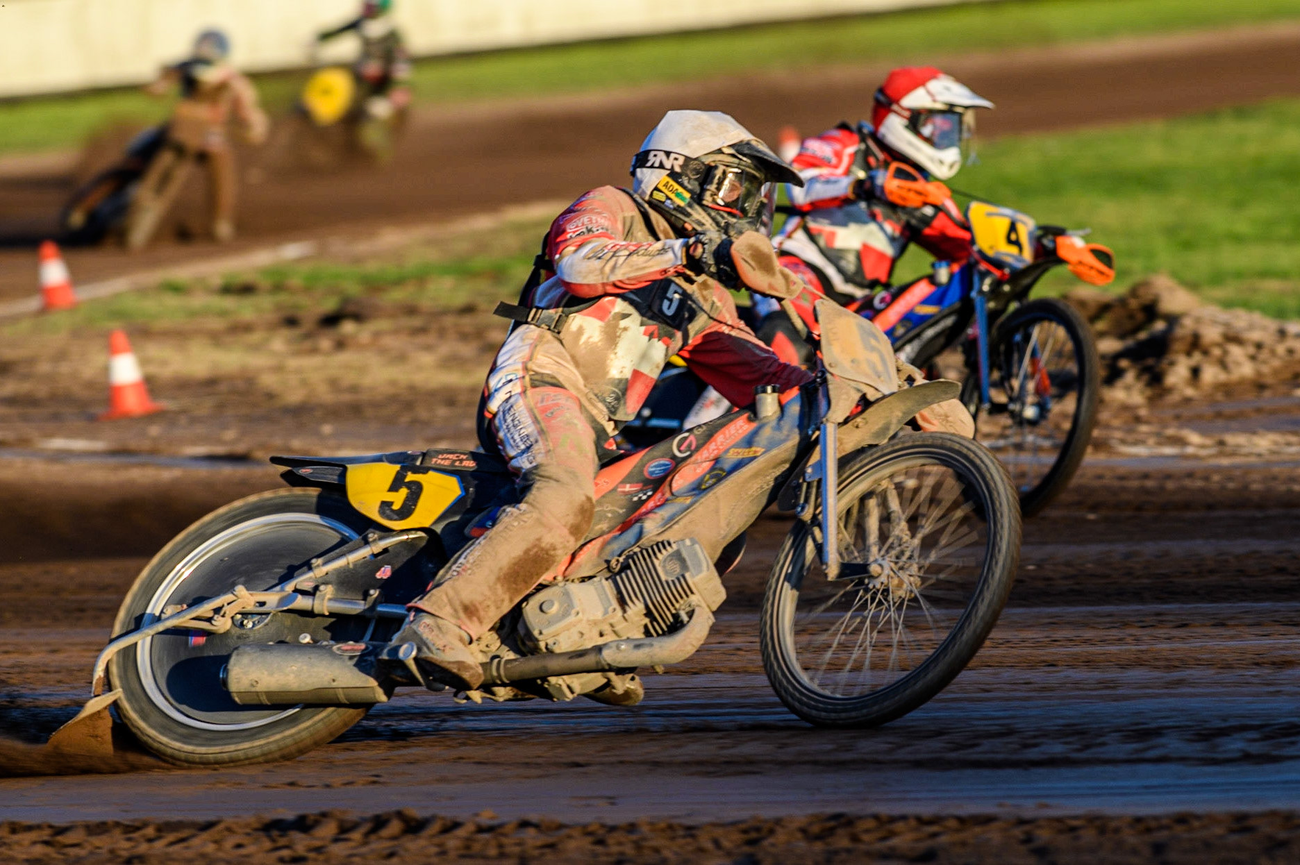 Jacob Bukhave (White) outside team mate Kenneth K. Hansen (Red) during the FIM Long Track Of Nations event at the Speed Centre Roden on Sunday 24th September 2023. (Photo: Ian Charles | MI News)