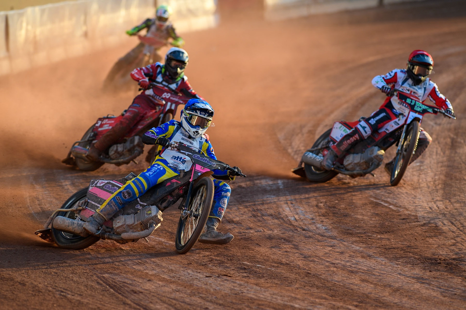 Leon Flint in Blue leading Danny King in Red, Dan Thompson in White and Drew Kemp in Yellow during the Attis Insurance Sports Division British Final at the National Speedway Stadium, Manchester on Monday 12th May 2025. (Photo: Ian Charles | MI News)