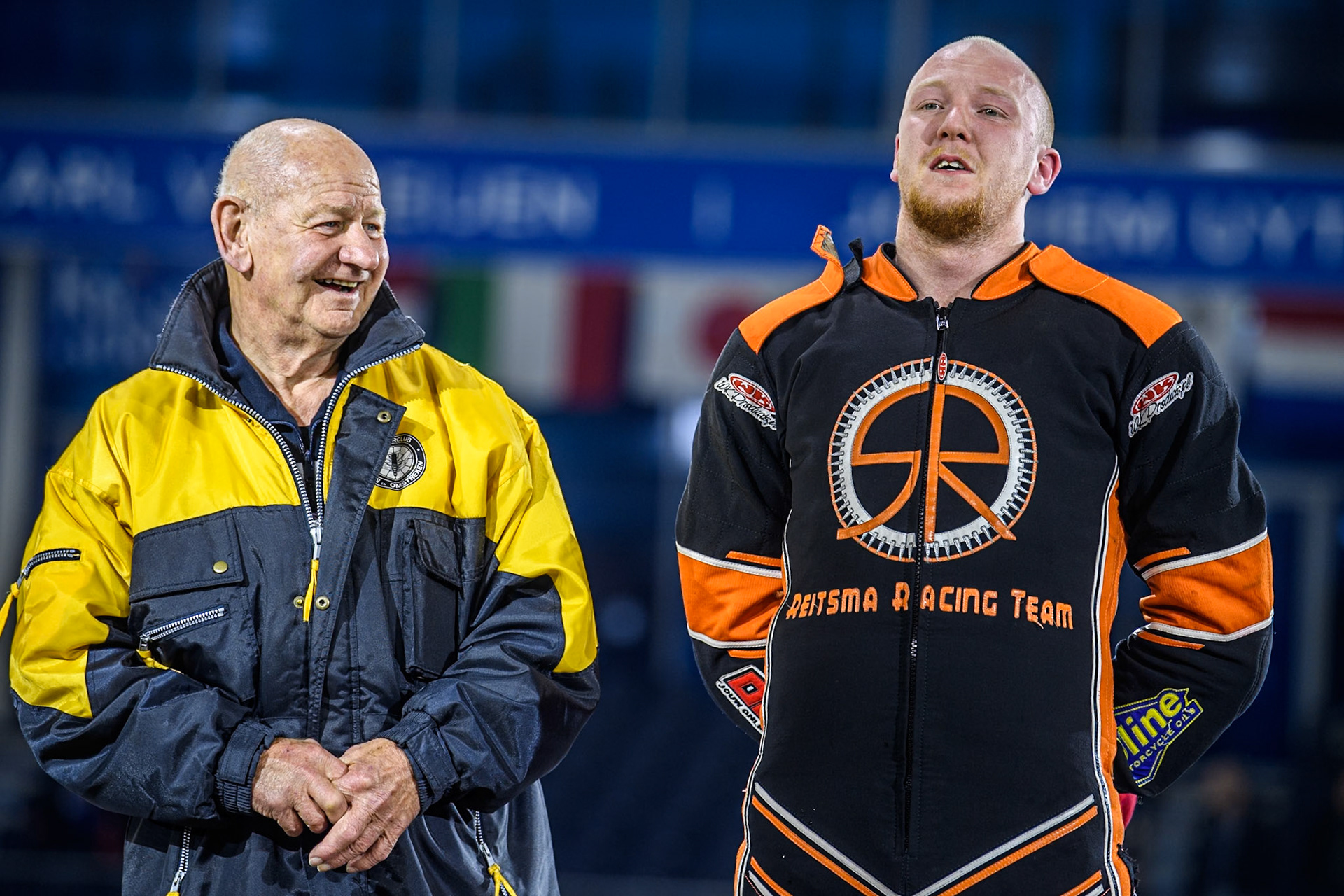 Roelof Thijs (Left) with meeting winner Sebastian Reitsma of The Netherlands during the Roelof Thijs Bokaal, Ice Rink Thialf, Heerenveen, Netherlands on Friday 4th April 2025. (Photo: Ian Charles | MI News)