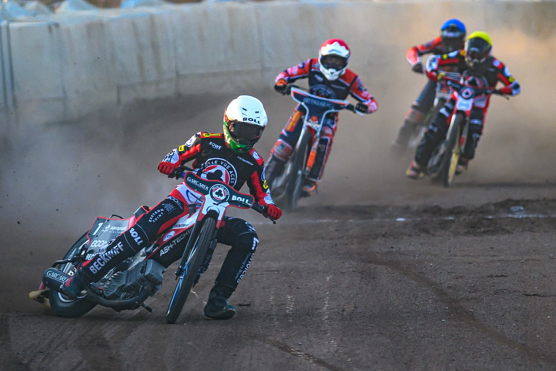 Brady Kurtz of Belle Vue Aces  in White leading Niels-Kristian Iversen of Northampton Foxes  in Red Norick Blodorn of Belle Vue Aces  in Yellow  and Kye Thomson of Northampton Foxes in Blue  during the Rowe Motor Oil Premiership match between Northampton Foxes and Belle Vue Aces at Northampton International Shaleway, Northampton on Thursday 13th August 2026. (Photo: Ian Charles | MI News)