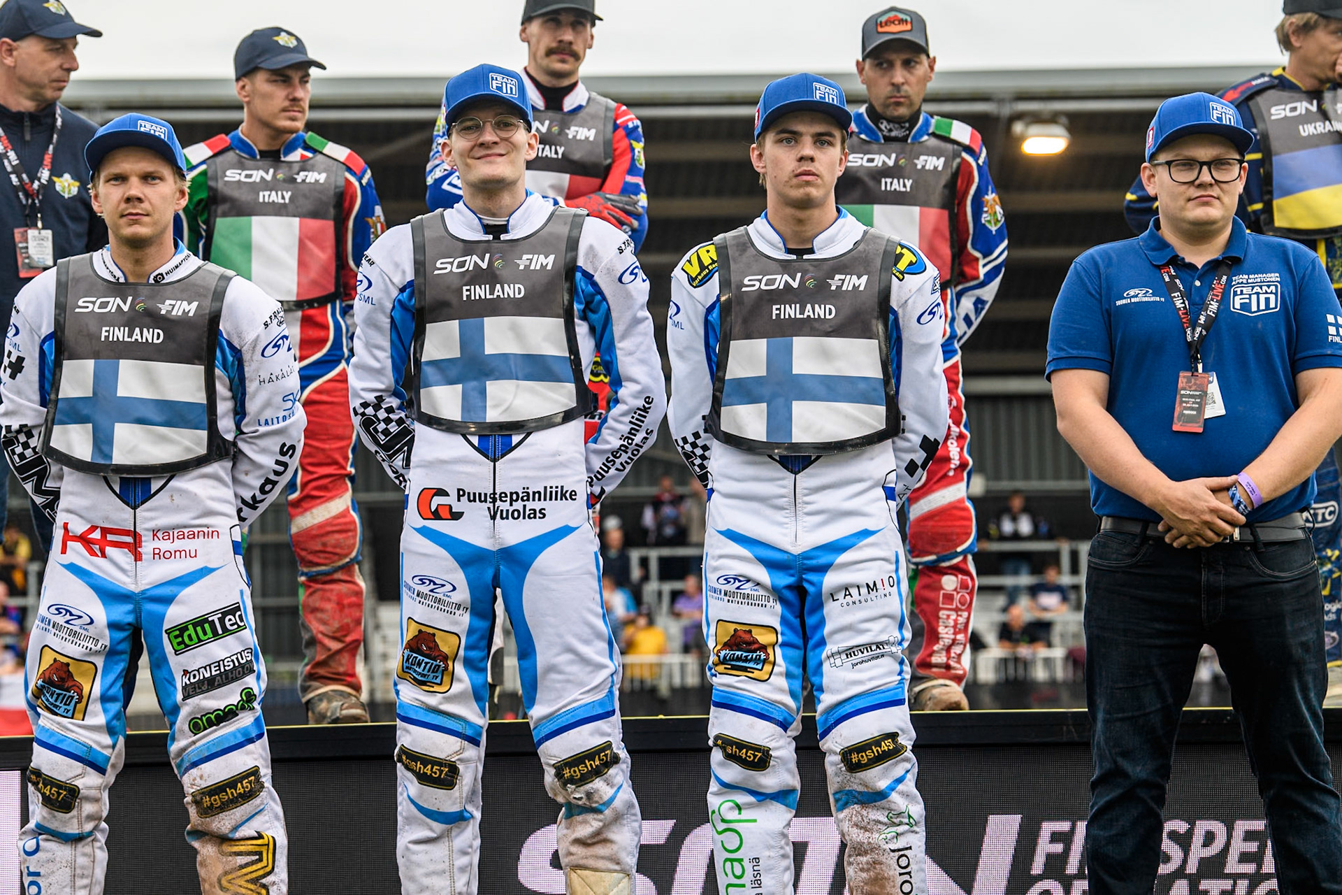 Finland: (L to R) Jesse Mustonen, Antti Vuolas, Otto Raak and Team manager, Aki-Pekka Mustonen during the Monster Energy FIM Speedway of Nations Semi-Final 1 at the National Speedway Stadium, Manchester on Tuesday 9th July 2024. (Photo: Ian Charles | MI News)