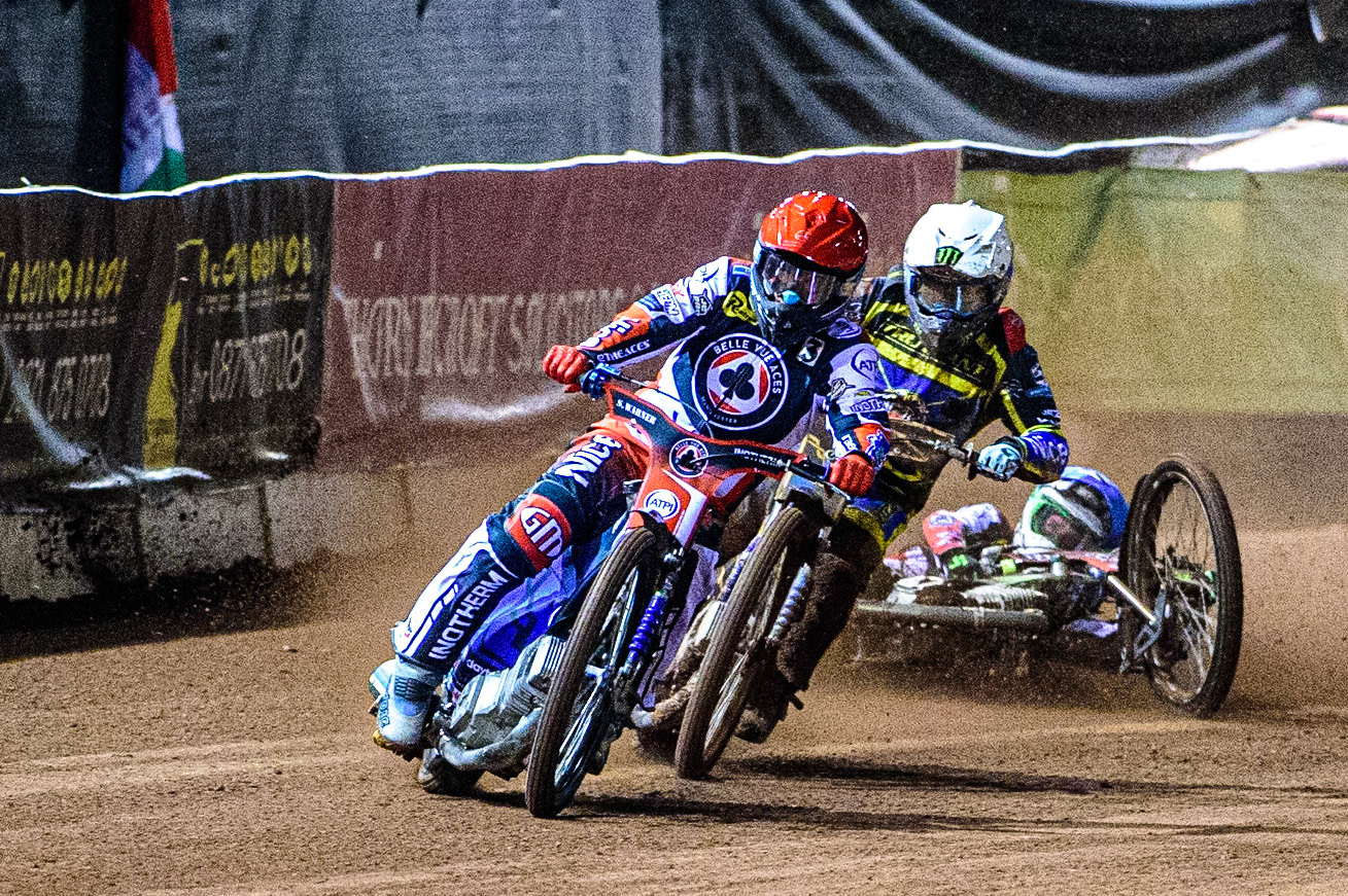 Jack Holder  (White) collides with Charles Wright  (Blue) behind Matej Zagar  (Red) during the SGB Premiership Grand Final 1st leg between Belle Vue Aces and Sheffield Tigers at the National Speedway Stadium, Manchester on Monday 10th October 2022. (Credit: Ian Charles | MI News)