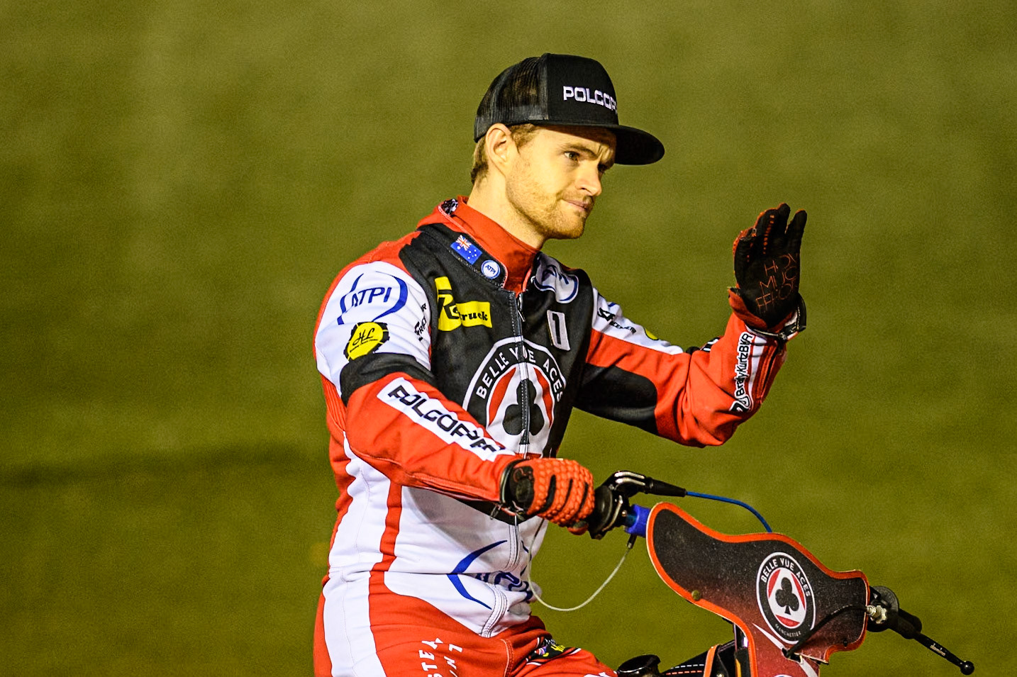 Belle Vue Aces' Brady Kurtz on the parade lap during the Rowe Motor Oil Premiership Grand Final 1st Leg between Belle Vue Aces and Leicester Lions at the National Speedway Stadium, Manchester on Monday 23rd September 2024. (Photo: Ian Charles | MI News)