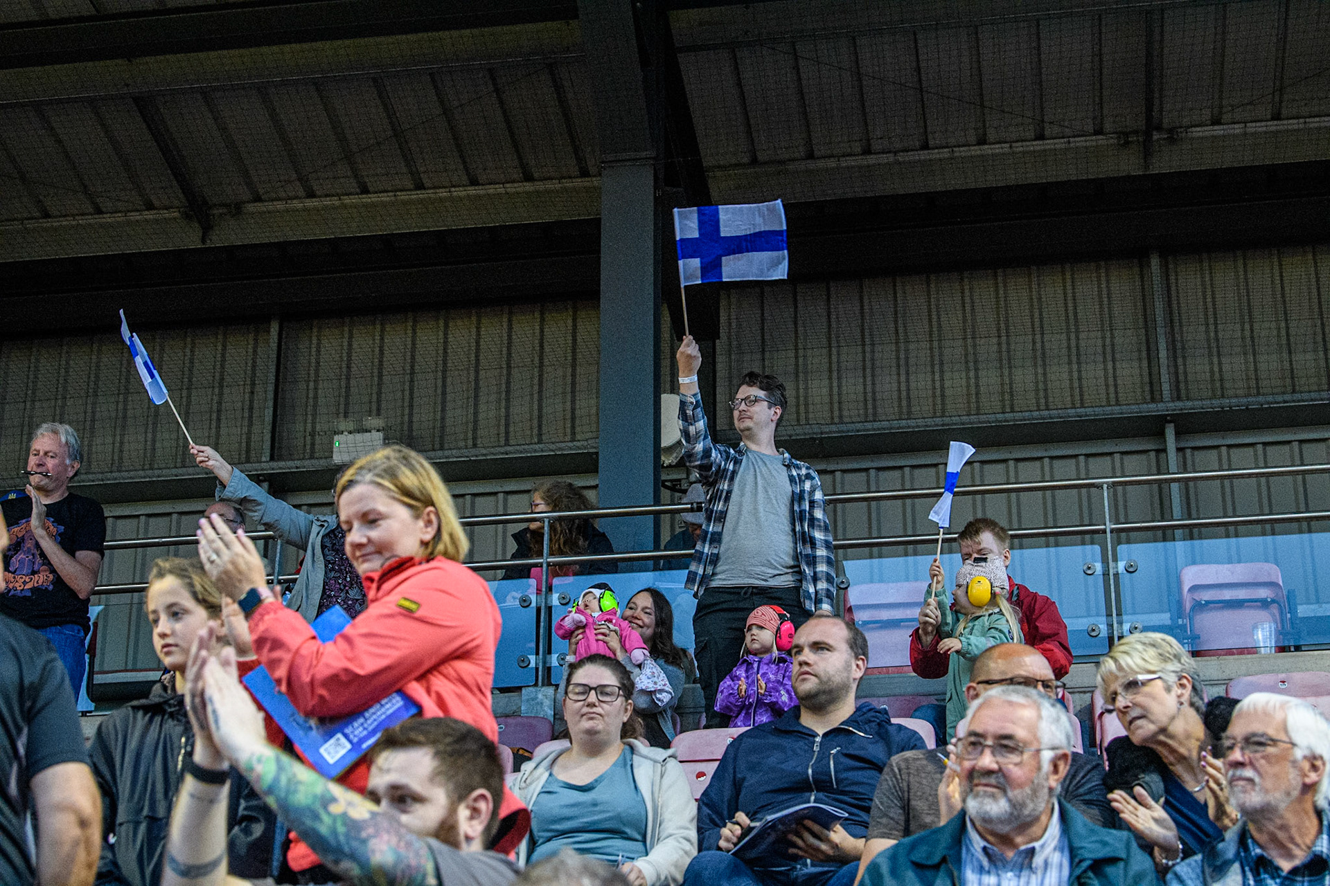 Finish fans during the Monster Energy FIM Speedway of Nations Semi-Final 1 at the National Speedway Stadium, Manchester on Tuesday 9th July 2024. (Photo: Ian Charles | MI News)