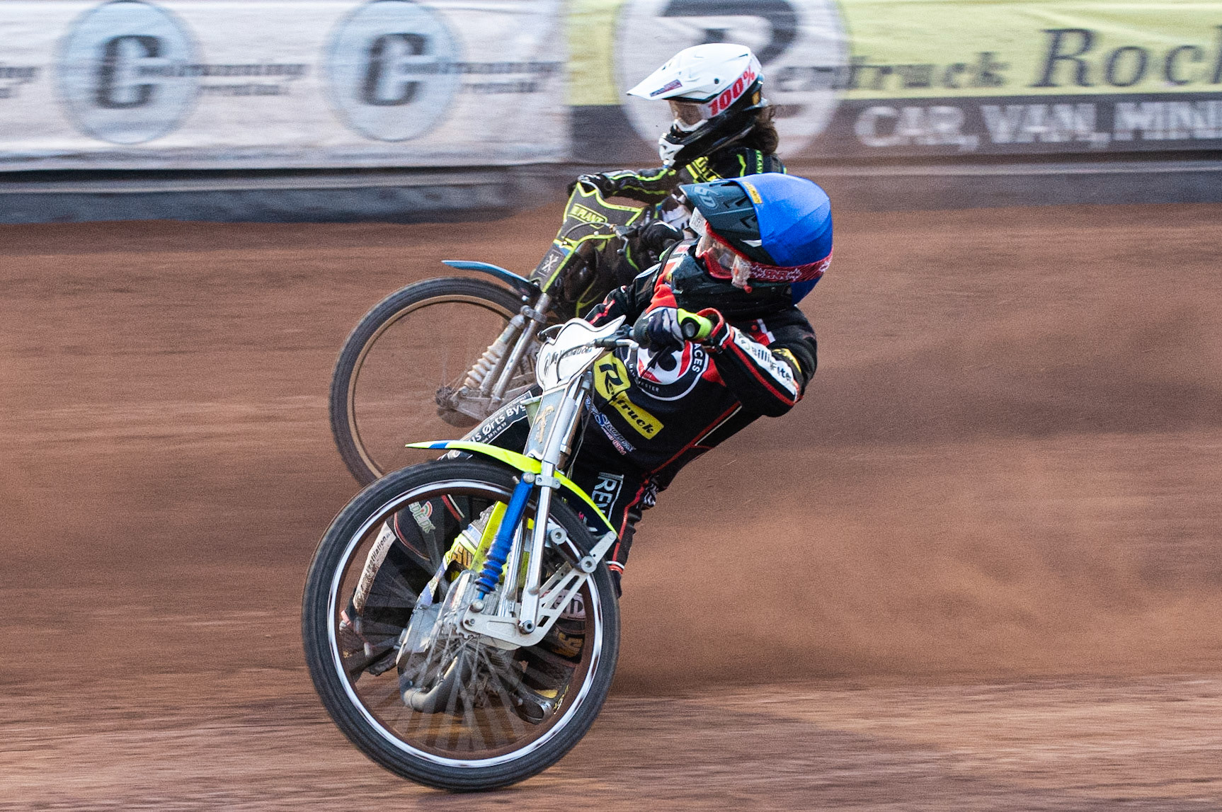 Photo: Ian Charles

Kenneth Bjerre  (Blue) passes Richard Lawson  (White)

Belle Vue Aces v Ipswich Witches, British Speedway Premiership, Belle Vue National Speedway Stadium, Manchester, Monday 3  June  2019