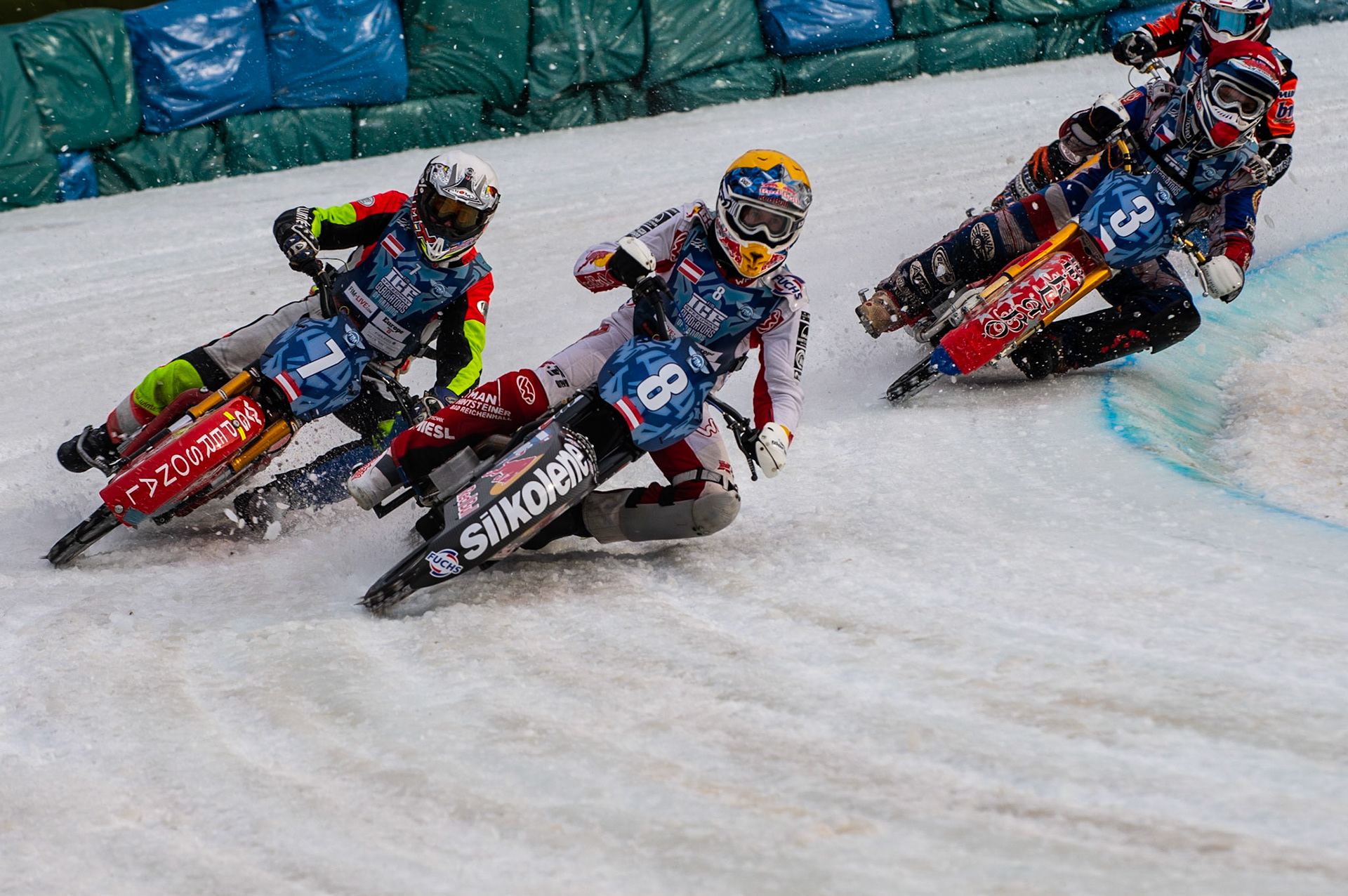BERLIN GERMANY  - March 1  Franky Zorn (Yellow) and \team mate Harald Simon (White)of Austria lead Jan Klatovsky (Red)  during the Ice Speedway of Nations at the Horst-Dohm-Eisstadion, Berlin,  on Sunday 1 March 2020. (Credit: Ian Charles | MI News)