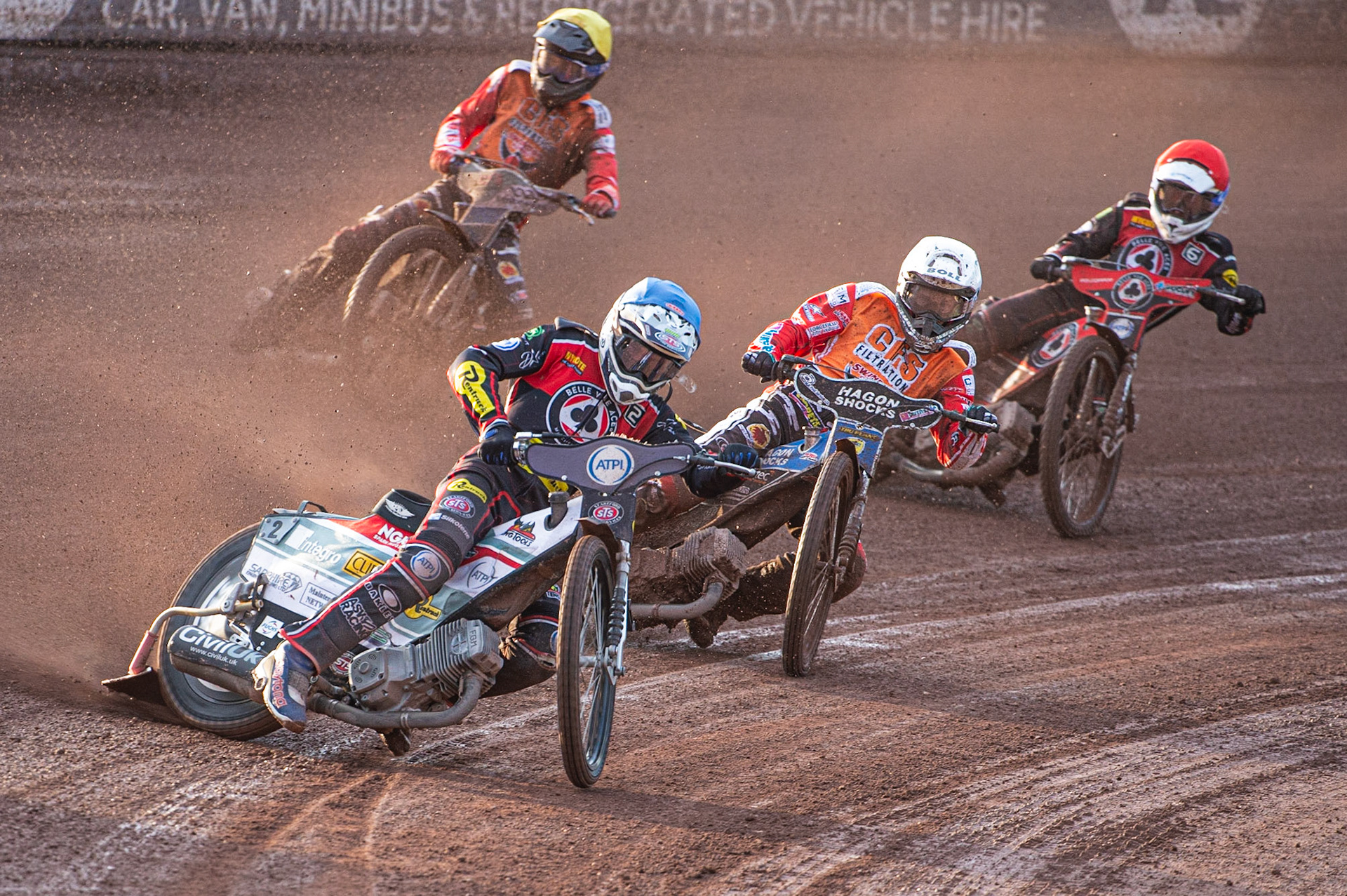 Photo by Ian Charles

Belle Vue Aces  Steve Worrall  (Blue) leads Adam Ellis  (Yellow) Jason Doyle  (White) and  Jaimon Lidsey  (Red)

Belle Vue Aces v Swindon Robins, British Speedway Premiership, Belle Vue National Speedway Stadium, Manchester, Monday 12  August  2019