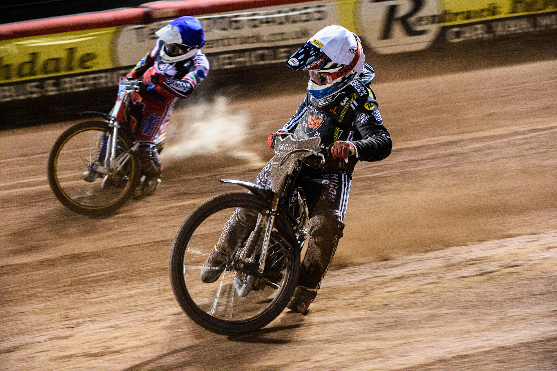 MANCHESTER, SEPT 3RD. Sam Hagon  (White) inside Paul Bowen  (Blue) during the National Development League match between Belle Vue Aces and Mildenhall Fens Tigers at the National Speedway Stadium, Manchester on Friday 3rd September 2021. (Credit: Ian Charles | MI News)