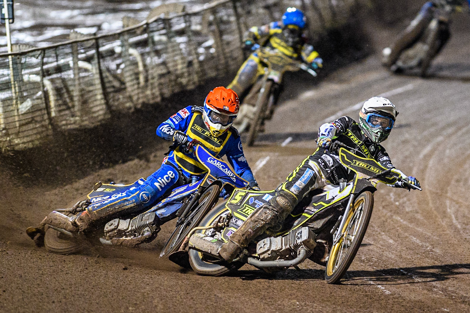 Jason Doyle (White) leads  Robert Lambert (Red) and Kyle Howarth (Blue) during the Sports Insure Premiership Grand Final Second Leg match between Sheffield Tigers and Ipswich Witches at Owlerton Stadium, Sheffield on Thursday 5th October 2023. (Photo: Ian Charles | MI News)