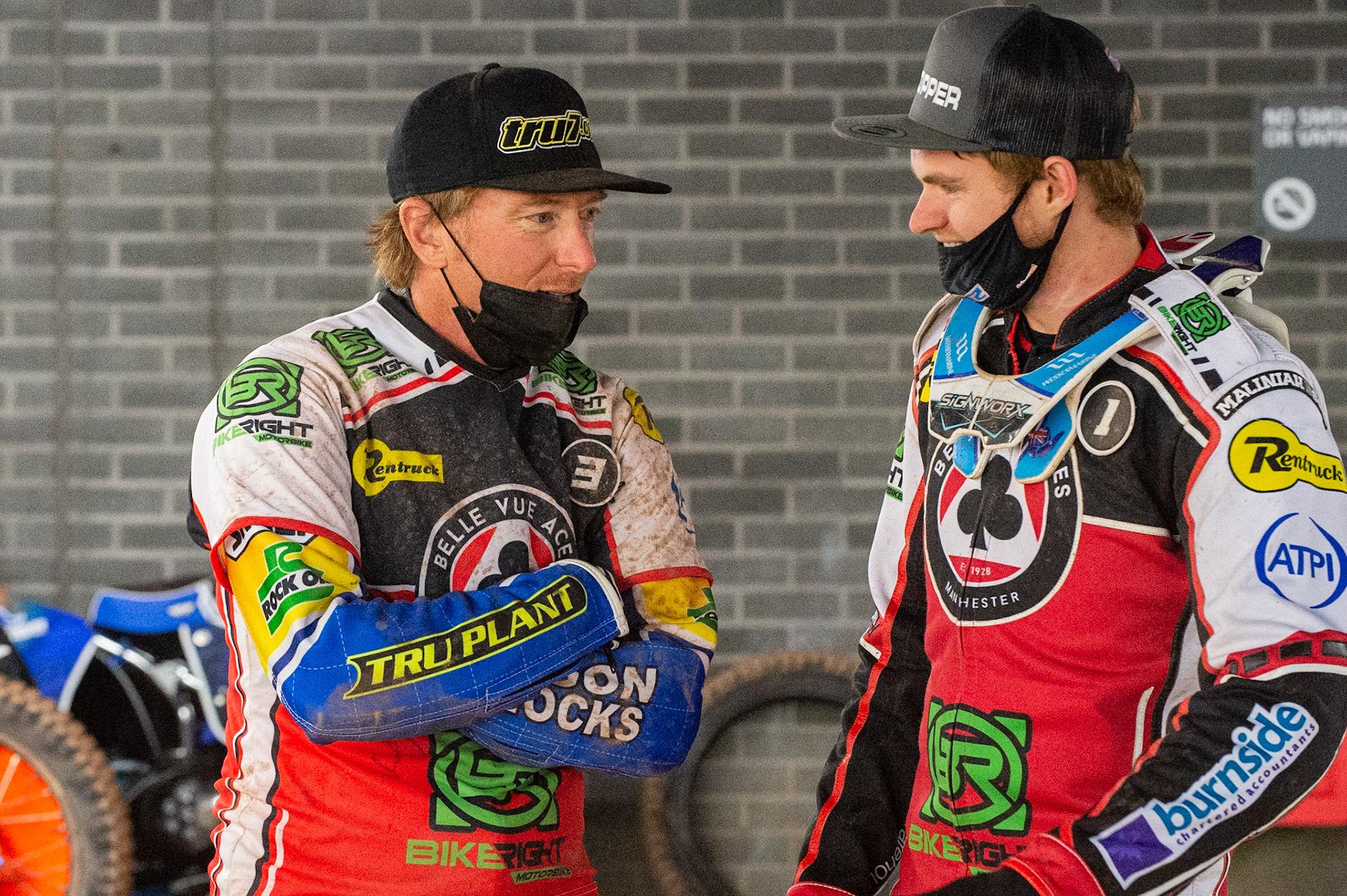 Photo: Ian CharlesJason Crump of Belle Vue 'BikeRight' Aces (left) with team mate Brady Kurtz Belle Vue ‘Bikerite ’Aces v ‘ATPI’ All Stars, Premiership Challenge, National Speedway Stadium, Manchester Thursday  24  September  2020