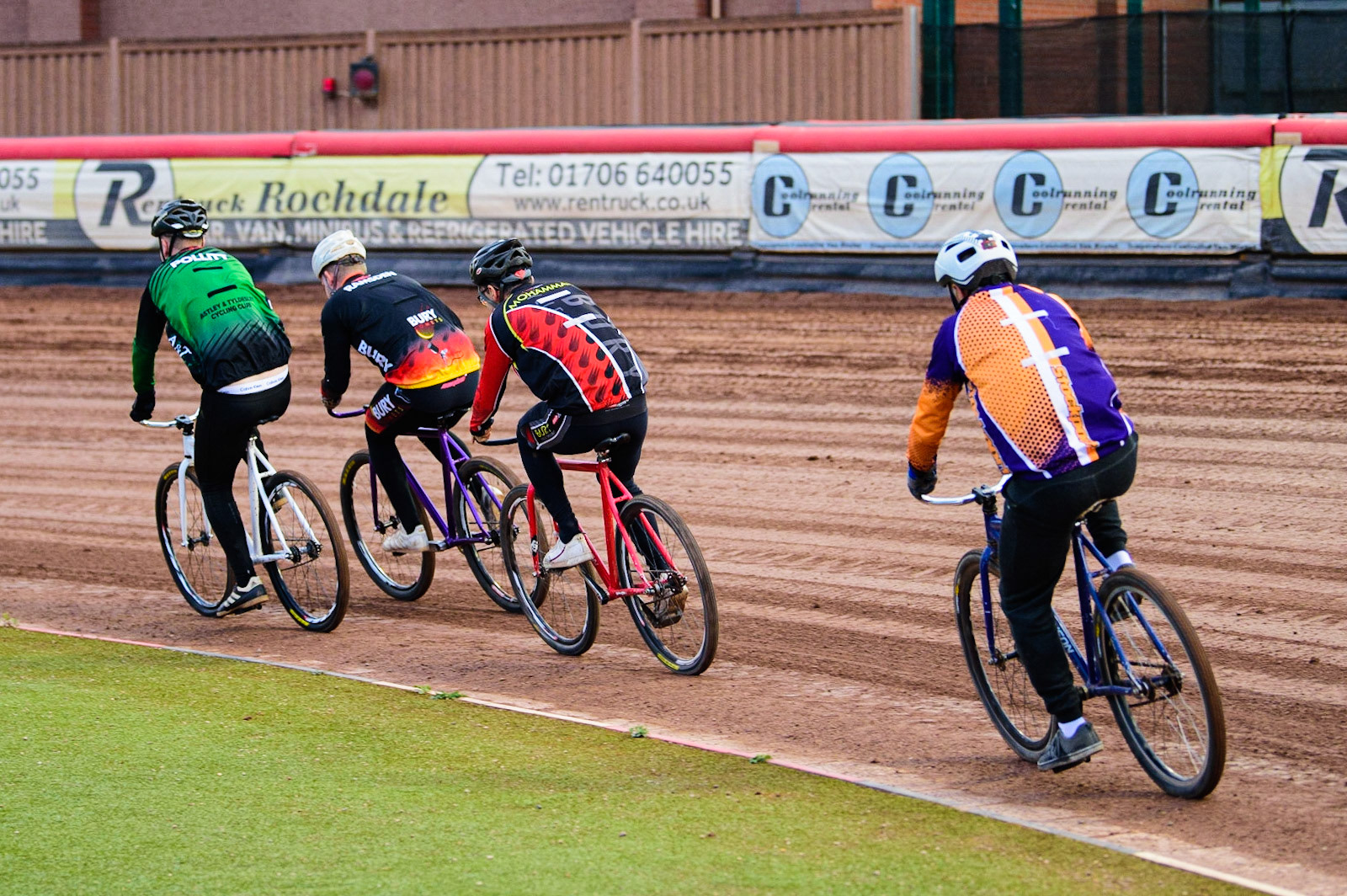 Part of the Cycle Speedway demonstration to promote the European Championships being held in Greater Manchester over the weekend of July 29 - 31, 2022 during the SGB Premiership match between Belle Vue Aces and Peterborough at the National Speedway Stadium, Manchester on Monday 25th July 2022. (Credit: Ian Charles | MI News