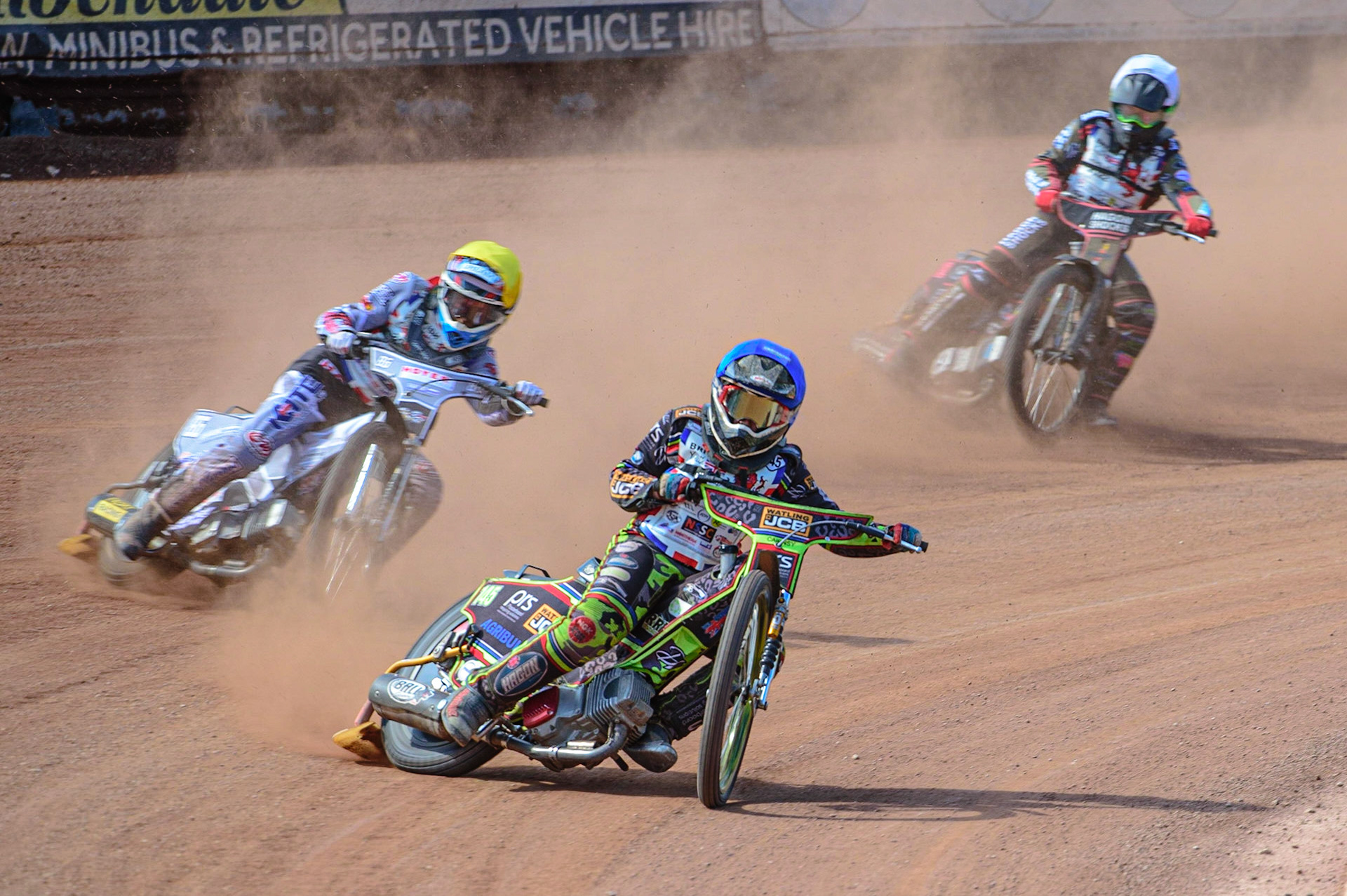 MANCHESTER, UK. JUN 3RD William Cairns (145)  (Blue) leads Sonny Springer (86)  (Yellow) and Ashton Vale (152) (White) during the British Youth Speedway Championship (Round 4)  at the National Speedway Stadium, Manchester on Friday 3rd June 2022. (Credit: Ian Charles | MI News)
