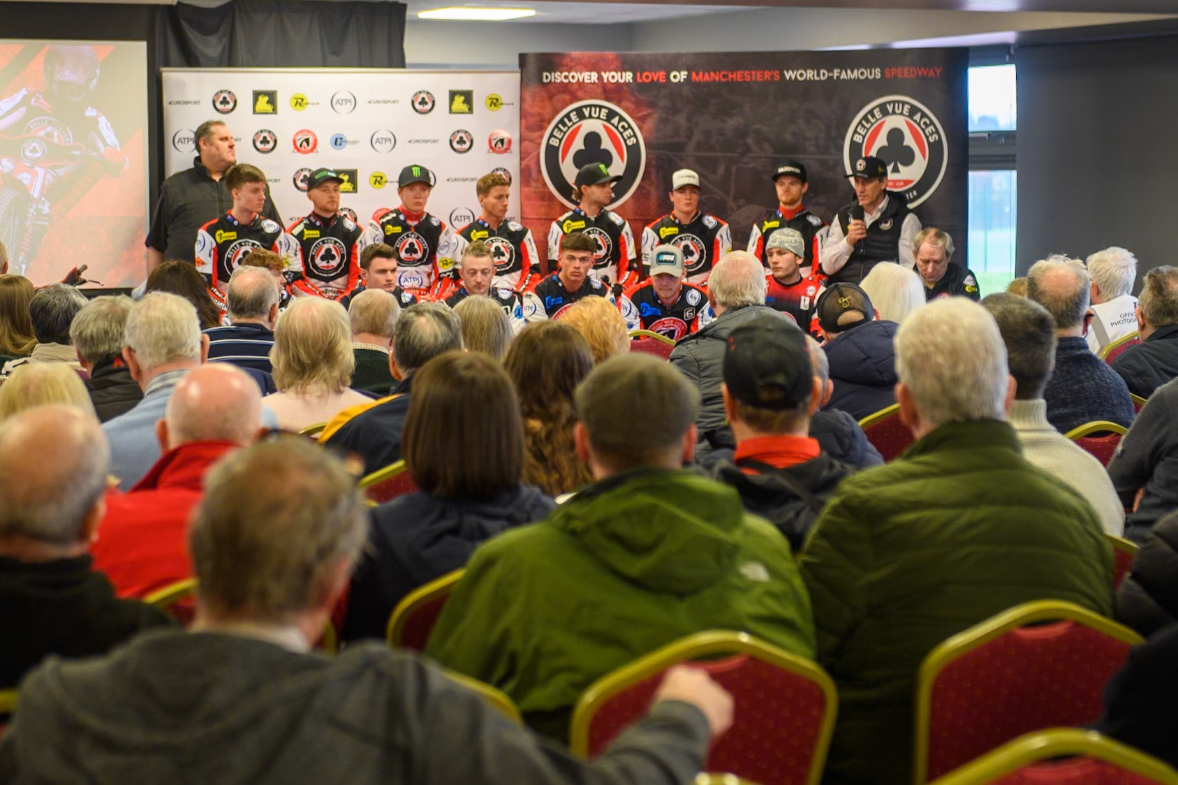 The riders at the Press Conference during the Belle Vue Aces Media Day at the National Speedway Stadium, Manchester on Monday 11th March 2024. (Photo: Ian Charles | MI News)