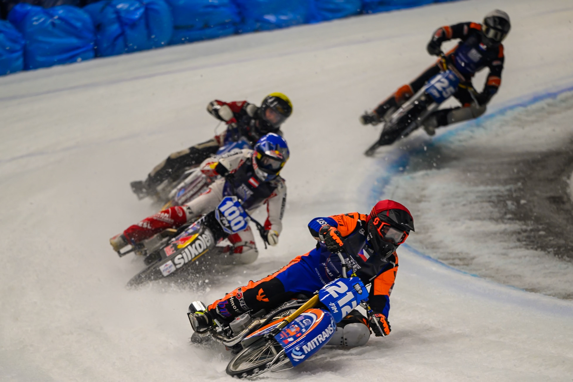 Lukas Hutla (212) of Czechia  in Red leading Franz Zorn (100) of Austria  in Blue and Ove Ledström (97) of Sweden  in Yellow during the Ice Speedway Gladiators World Championship Final 1 at Max-Aicher-Arena, Inzell on Saturday 14th March 2026. (Photo: Ian Charles | MI News)