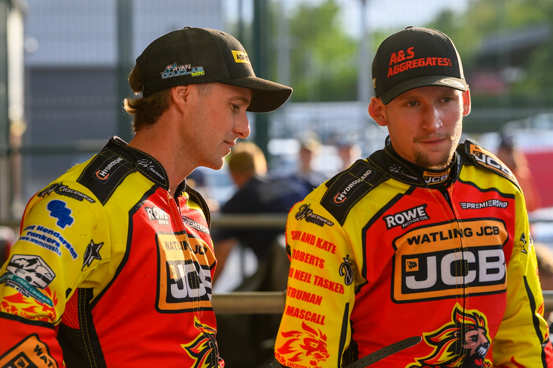 Ryan Douglas of Leicester Lions (Left) chats with Dan Thompson of Leicester Lions during the Rowe Motor Oil Premiership match between Belle Vue Aces and Leicester Lions at the National Speedway Stadium, Manchester on Monday 3rd August 2026. (Photo: Ian Charles | MI News)