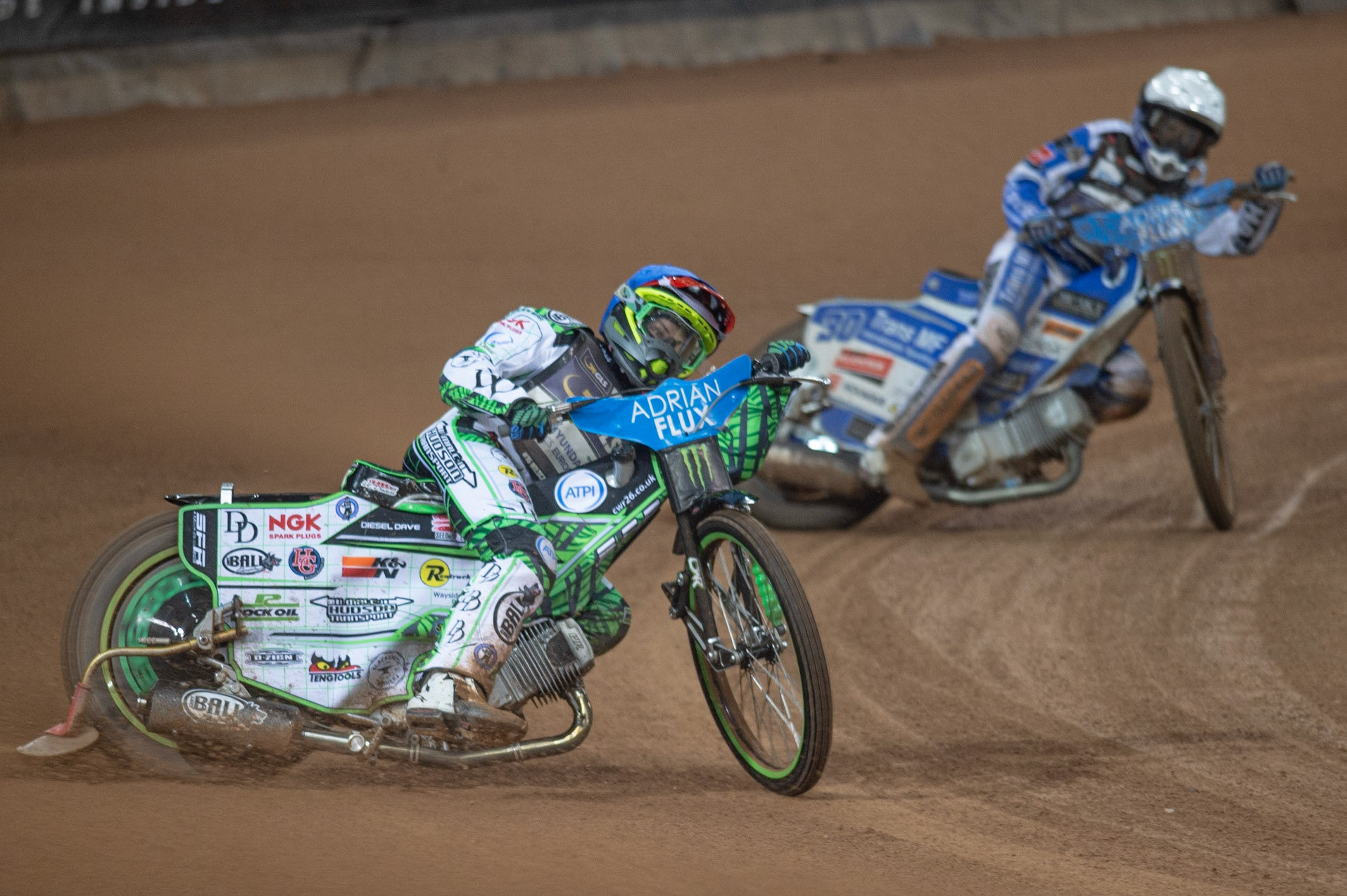 CARDIFF,WALES  Charles Wright (Blue) leads Leon Madsen (White) during the ADRIAN FLUX BRITISH FIM SPEEDWAY GRAND PRIX at the Principality Stadium, Cardiff on Saturday 21st September 2019. (Credit: Ian Charles | MI News)