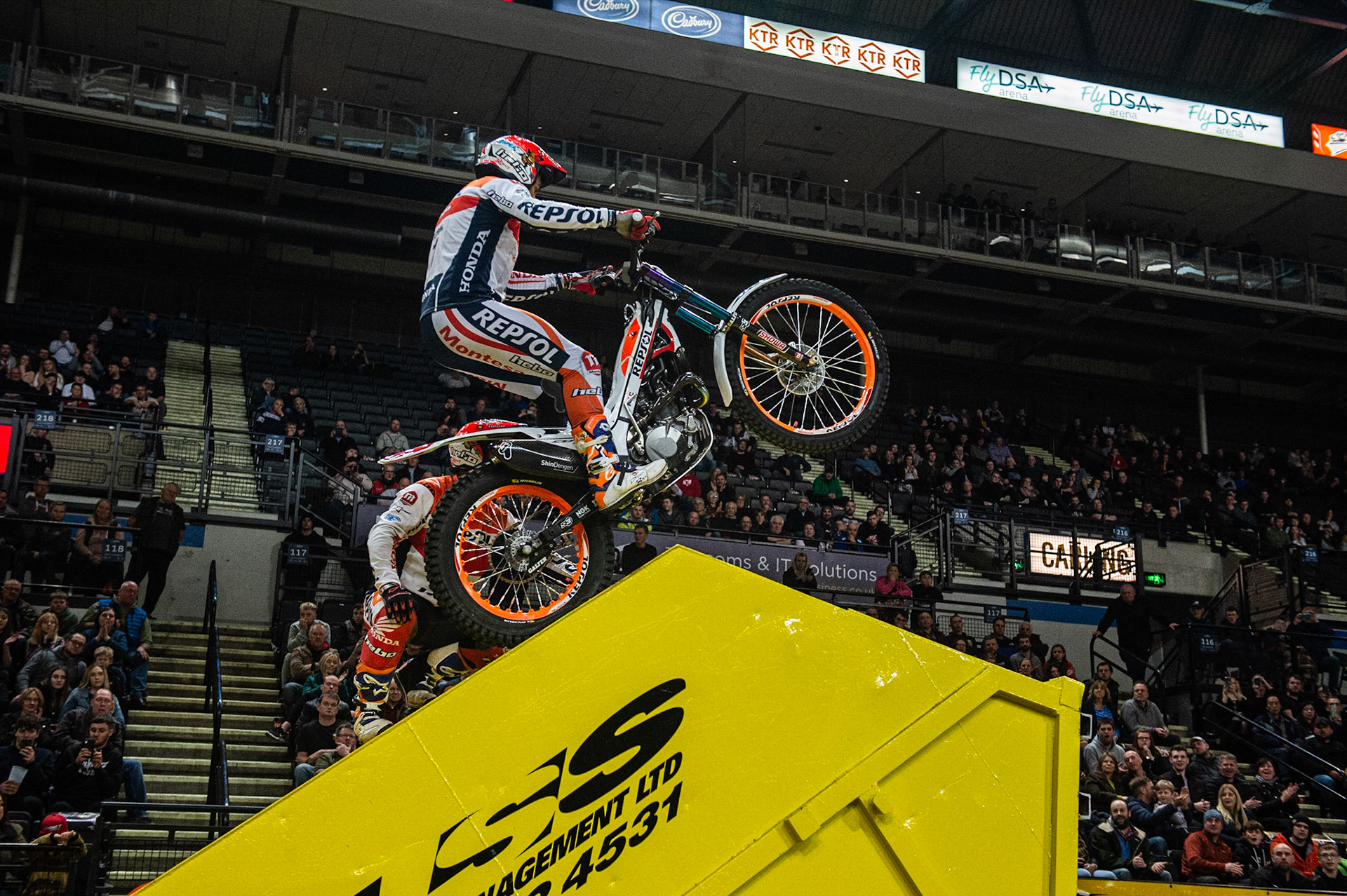 SHEFFIELD, ENGLAND  - DECEMBER 28TH  Tony Bou, Spain (Montessa) on the final section of the final  during the 25th Anniversary Sheffield Indoor Trial at the FlyDSA Arena, Sheffield on Saturday 28th December 2019. (Credit: Ian Charles | MI News)