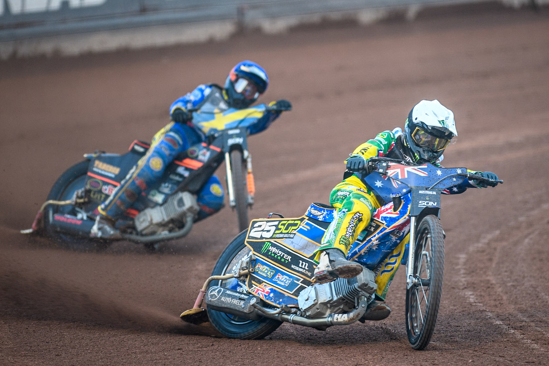 Jack Holder of Australia in White leading Jacob Thorssell of Sweden in Blue during the Monster Energy FIM Speedway of Nation Final at the National Speedway Stadium, Manchester on Saturday 13th July 2024. (Photo: Ian Charles | MI News)