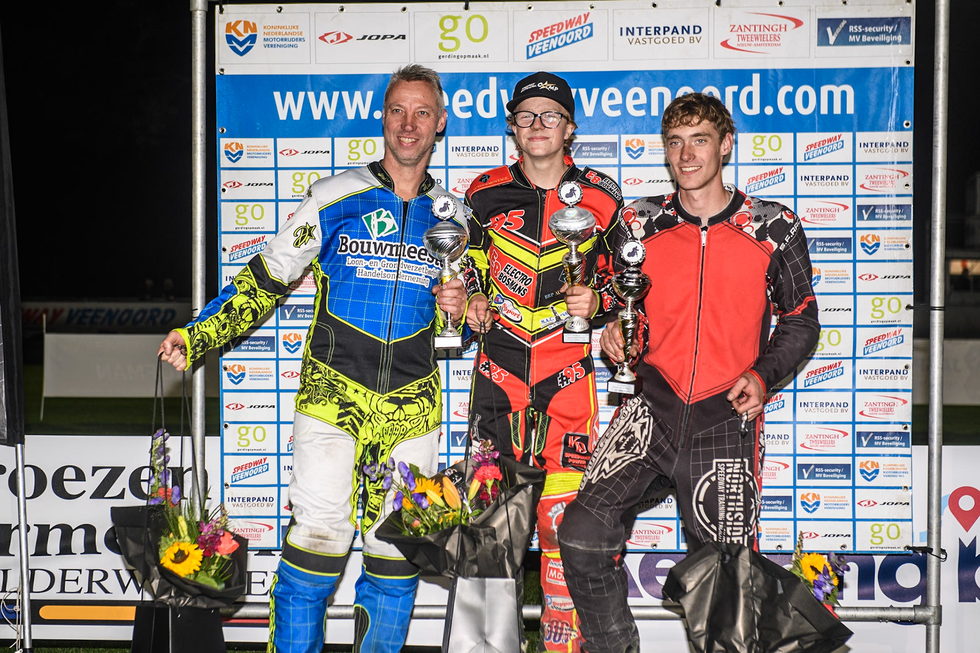 Veenoord Bokaal Top 3: (L to R)  Wiebo Boumeester (2nd), Niek Meijerink (Winner), Bjorn Boersma (3rd)during the Golden JOPA Helmet at Sportpark Veenoord, Veenoord, Netherlands on Saturday 21st September 2024. (Photo: Ian Charles | MI News)