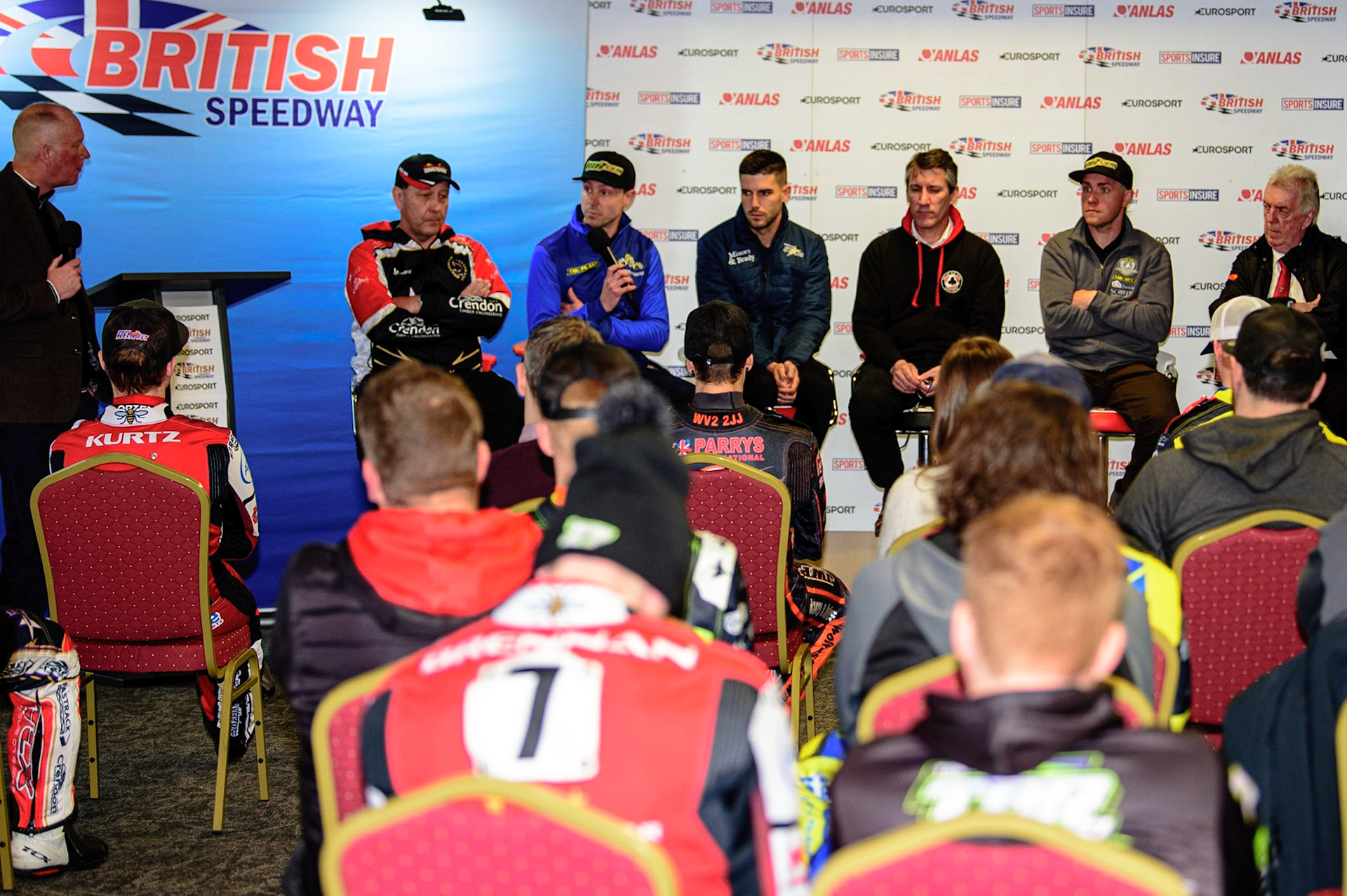 MANCHESTER, UK. APRIL 12TH: The Managers are interviewed by Nigel Pearson at the Discovery Networks Eurosport Speedway Season Launch at the National Speedway Stadium, Manchester on Tuesday 12th April 2022 (Credit: Ian Charles | MI News)