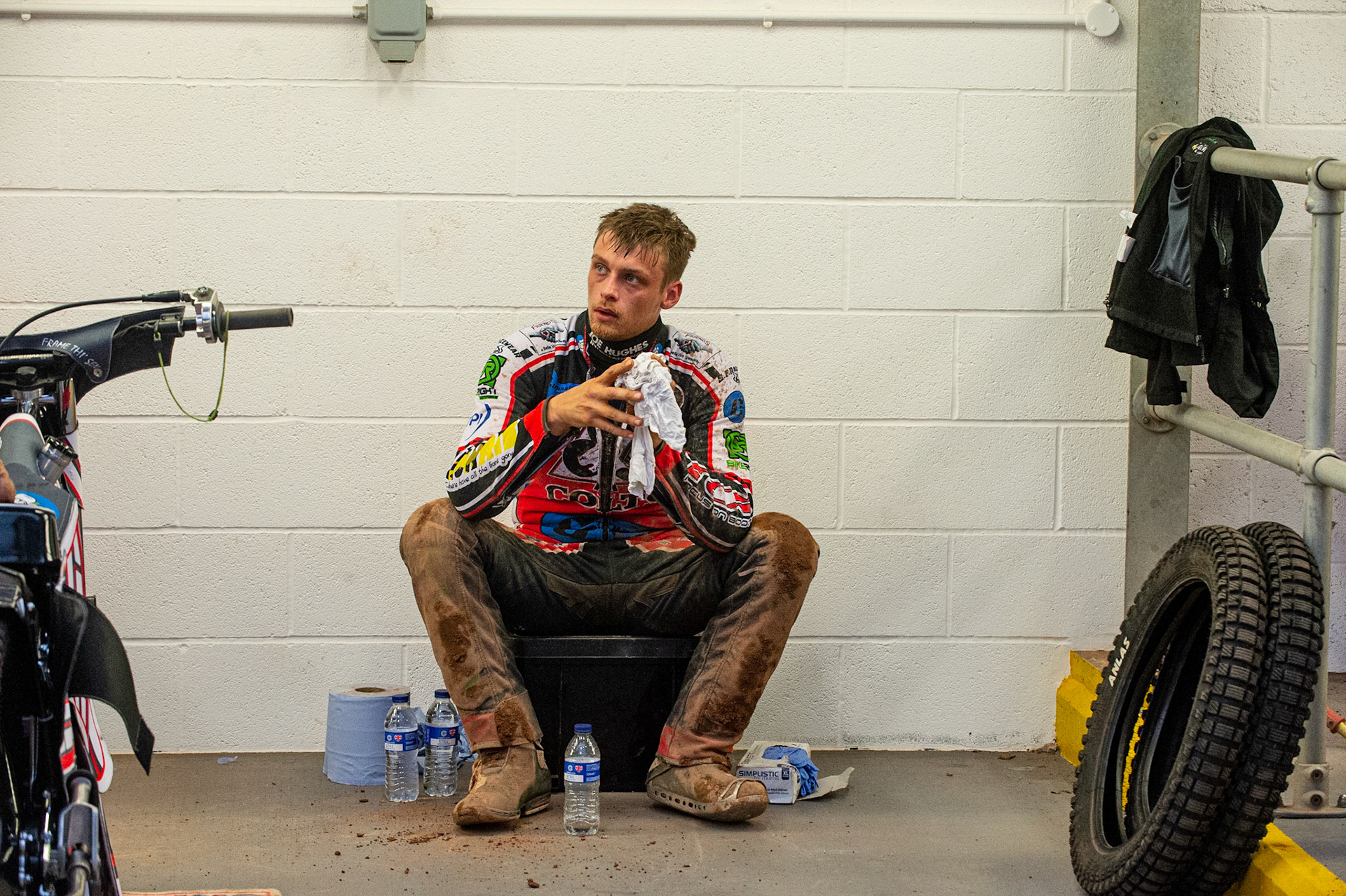 MANCHESTER, UK. JULY 2ND  cools down between heats Jack Parkinson-Blackburn during the National Development League match between Belle Vue Colts and Kent Royals at the National Speedway Stadium, Manchester on Friday 2nd July 2021. (Credit: Ian Charles | MI News)