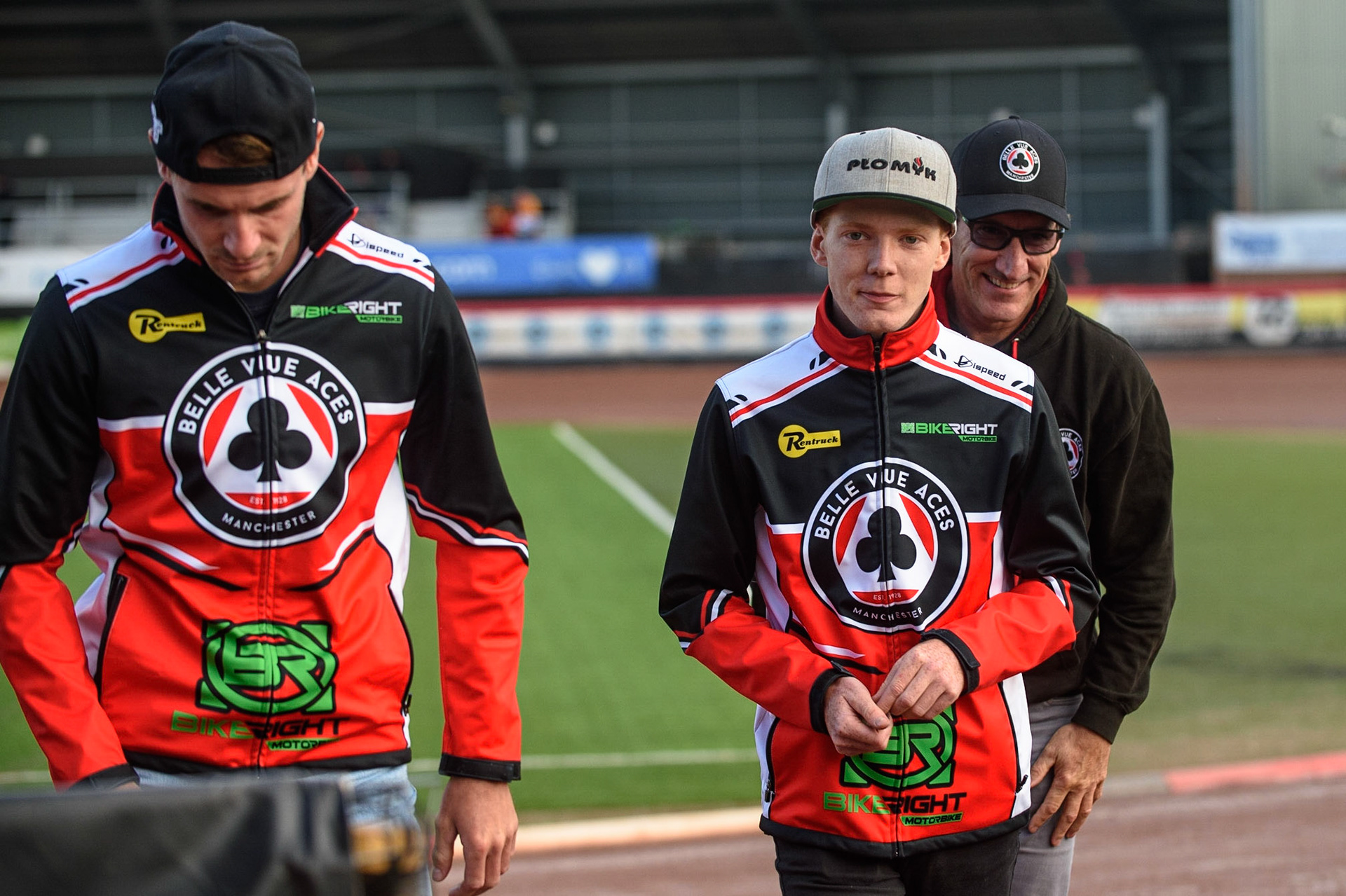 MANCHESTER, UK. AUG 9TH  (l-r) Richie Worrall , Dan Bewley  and Mark Lemon  after the pre meeting track walk during the SGB Premiership match between Belle Vue Aces and Peterborough at the National Speedway Stadium, Manchester on Monday 9th August 2021. (Credit: Ian Charles | MI News)