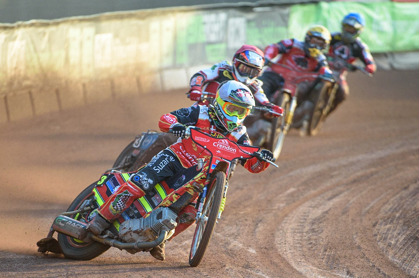 MANCHESTER, UK. AUG 9TH  Michael Palm Toft  (White) leads Steve Worrall (Red), Bjarne Pedersen  (Yellow) and Charles Wright  (Blue) during the SGB Premiership match between Belle Vue Aces and Peterborough at the National Speedway Stadium, Manchester on Monday 9th August 2021. (Credit: Ian Charles | MI News)