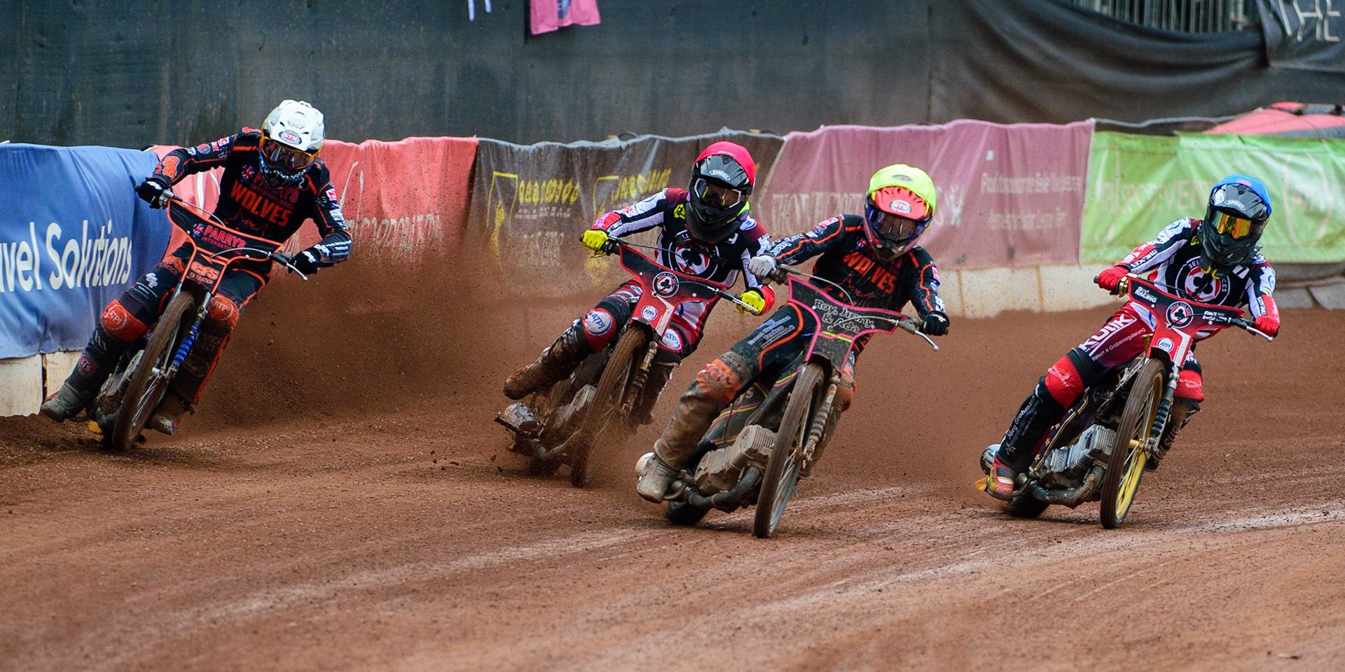Leon Flint  (Yellow) leads team mate Steve Worrall  (White) Tom Brennan  (Red) and Norick Blödorn  (Blue) during the SGB Premiership match between Belle Vue Aces and Wolverhampton Wolves at the National Speedway Stadium, Manchester on Monday 29th August 2022. (Credit: Ian Charles | MI News)