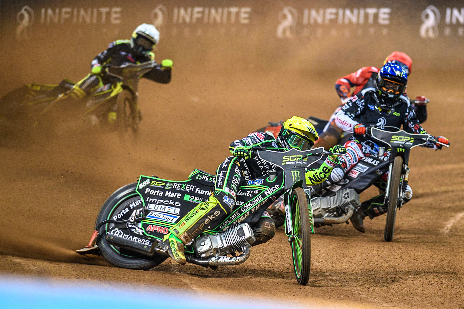 Patryk Dudek (692) (Yellow) leads  Freddie Lindgren (66) (Blue) Steve Worrall (16) (Red) and Martin Vaculik (54) (White) during the FIM Speedway Grand Prix of Great Britain at the Principality Stadium, Cardiff on Saturday 2nd September 2023. (Photo: Ian Charles | MI News)