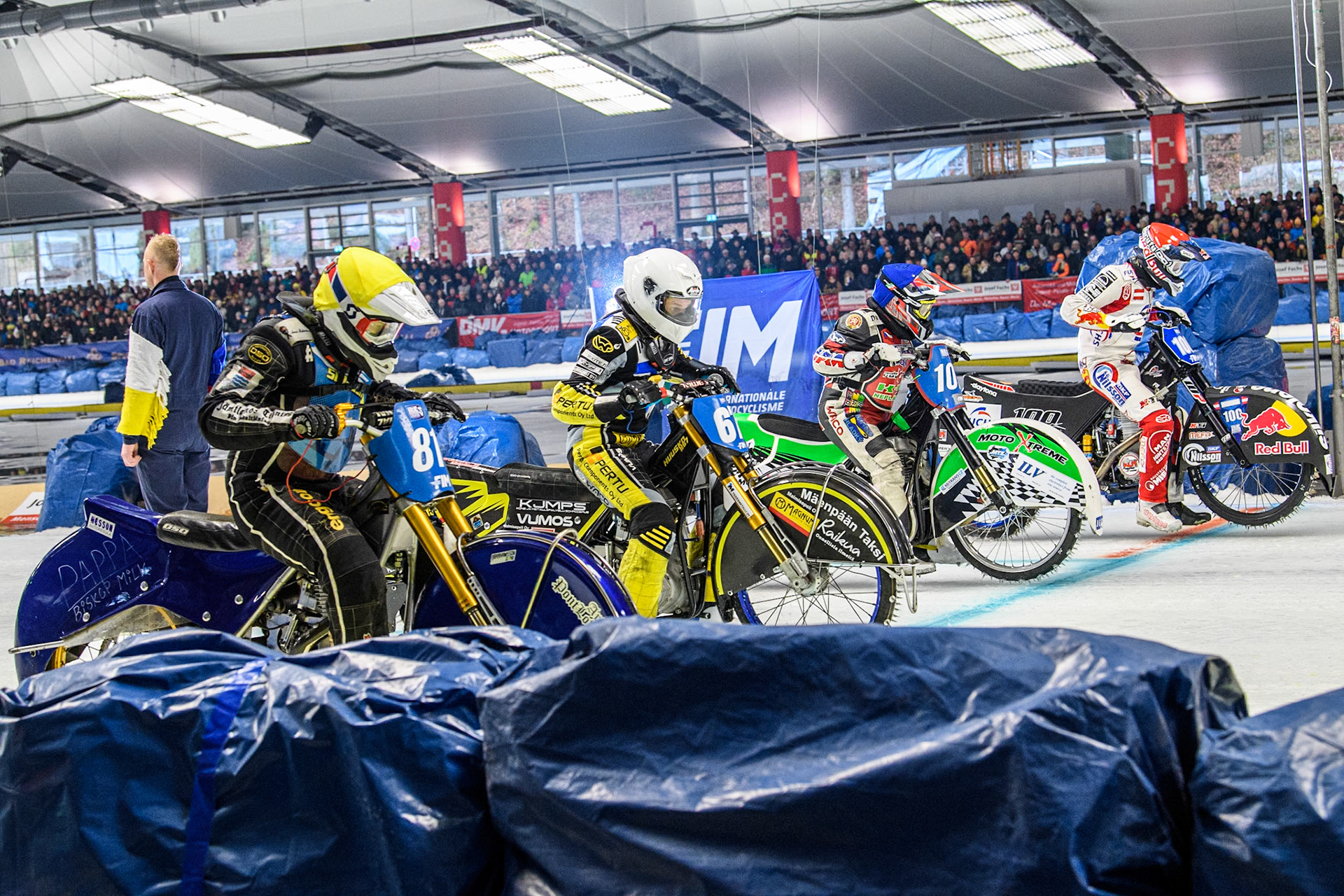 The start of Heat 20: (L to R) Sweden"s Jimmy Olsén (81) (Yellow), Finland's Heikki Huusko (67) (White), Czech Republic's Andrej Diviš (107) (Blue) and Austria's Franz Zorn (100) (Red) , during the FIM Ice Speedway Gladiators World Championship Final 2 at the Max-Aicher-Arena, Inzell on Sunday 24 March 2024. (Photo: Ian Charles | MI News)