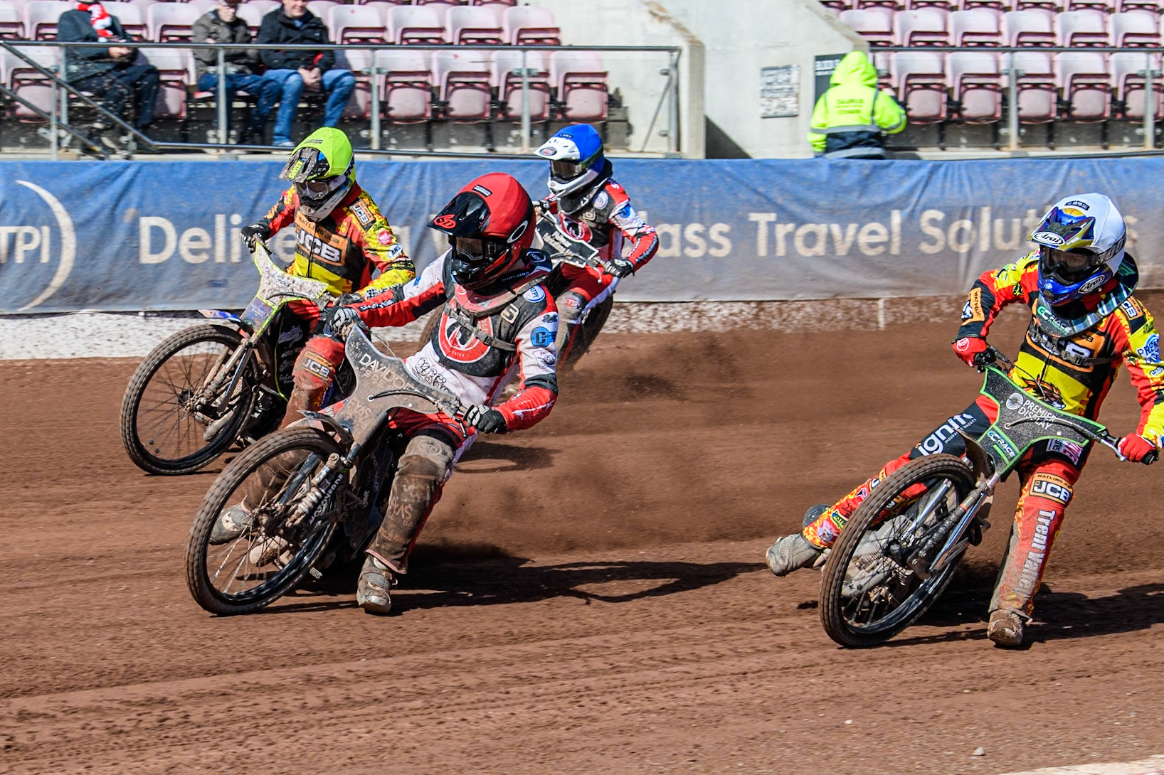 Belle Vue Colts' Freddy Hodder (Red) leads  Leicester Lion Cubs' Tom Spencer (White) Leicester Lion Cubs' Arran Butcher (Yellow) and Belle Vue Colts' Jack Shimelt (Blue) during the WSRA National Development League match between Belle Vue Colts and Leicester Lion Cubs at the National Speedway Stadium, Manchester on Friday 29th March 2024. (Photo: Ian Charles | MI News)