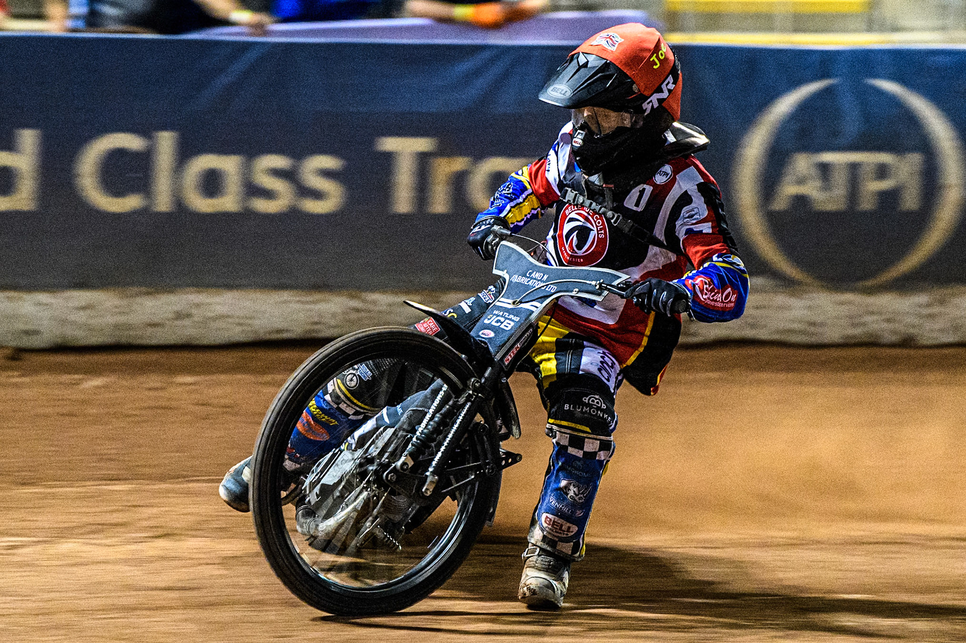 Belle Vue Colts' Guest Rider Joe Thompson in Red during the WSRA National Development League match between Belle Vue Aces and Edinburgh Monarchs at the National Speedway Stadium, Manchester on Friday 30th August 2024. (Photo: Ian Charles | MI News)