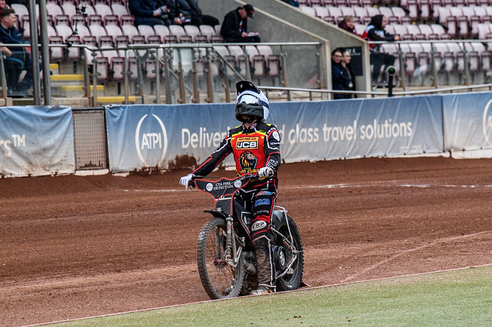 Leicester Lion Cubs' Guest Rider Ben Morley pulls up after his bike fails during the WSRA National Development League match between Belle Vue Colts and Leicester Lion Cubs at the National Speedway Stadium, Manchester on Friday 18th April 2025. (Photo: Ian Charles | MI News)