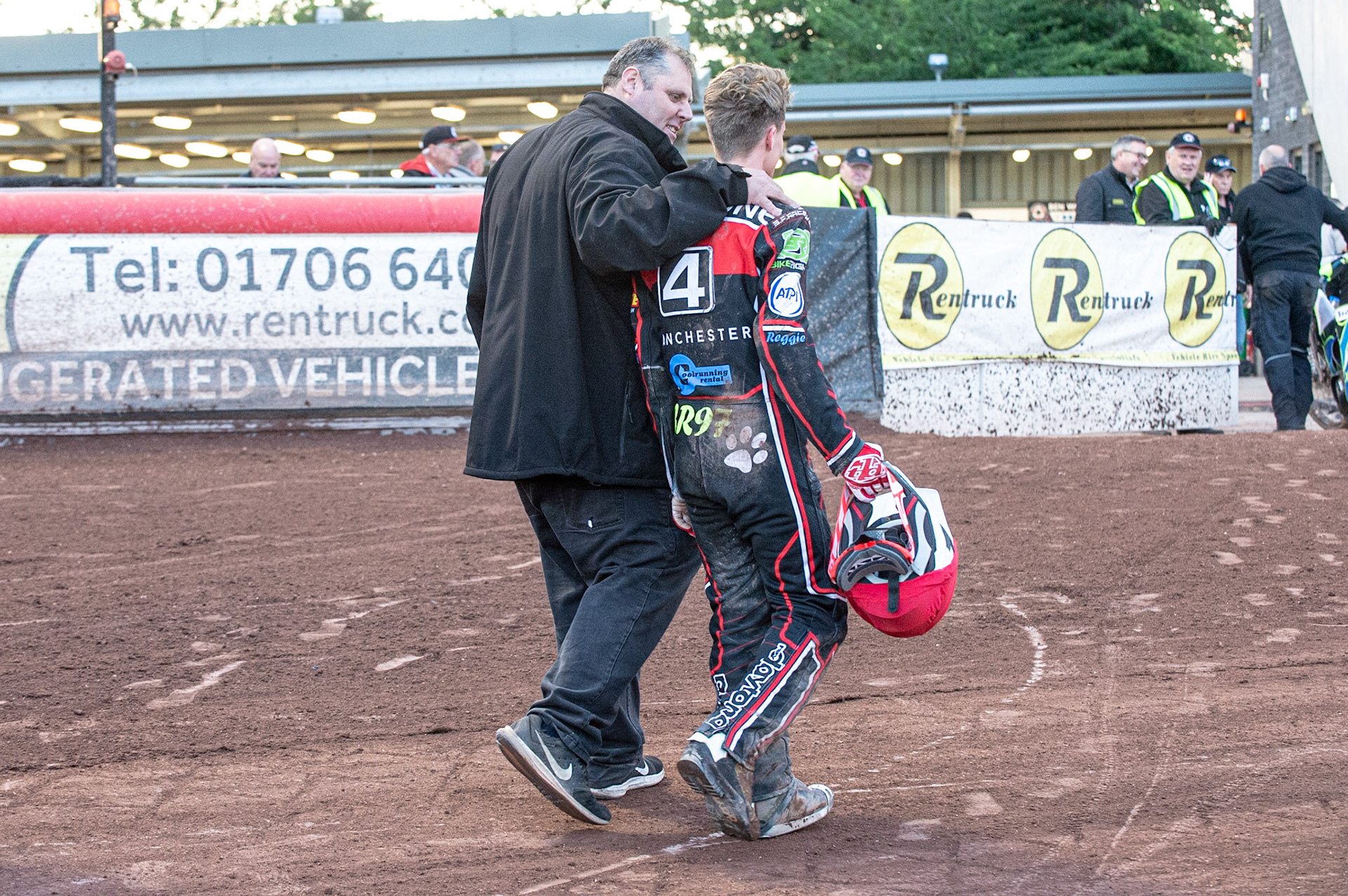 Photo: Ian Charles

Steve Williams (left) chats with Ben Rathbone  after his heat 14 fall 

Belle Vue Colts v Kent Kings, SGB National League KO Cup Quarter Final 1st Leg, Belle Vue National Speedway Stadium, Manchester, Thursday 20  June  2019
