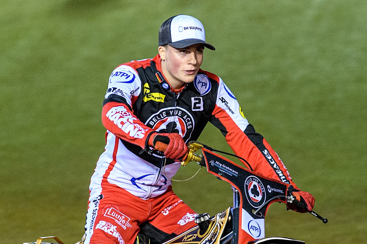 Belle Vue Aces' Norick Blodorn on the parade lap during the Rowe Motor Oil Premiership Play Off Semi Final 2, 1st Leg match between Belle Vue Aces and Sheffield Tigers at the National Speedway Stadium, Manchester on Monday 16th September 2024. (Photo: Ian Charles | MI News)