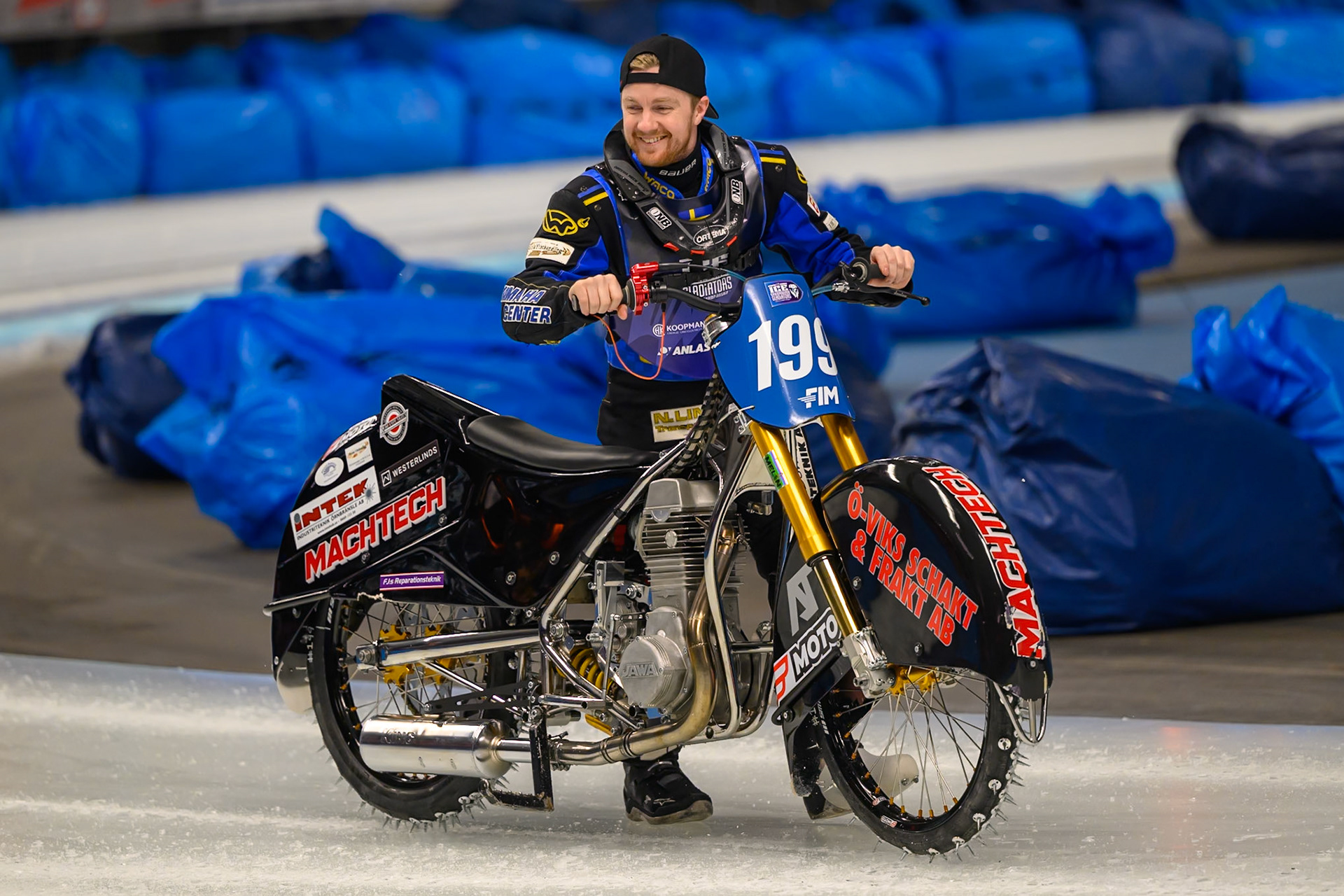 Martin Haarahiltunen (199) of Sweden  stalls his bike on the parade lap and starts to push it during the Ice Speedway Gladiators World Championship Final 1 at Max-Aicher-Arena, Inzell on Saturday 14th March 2026. (Photo: Ian Charles | MI News)