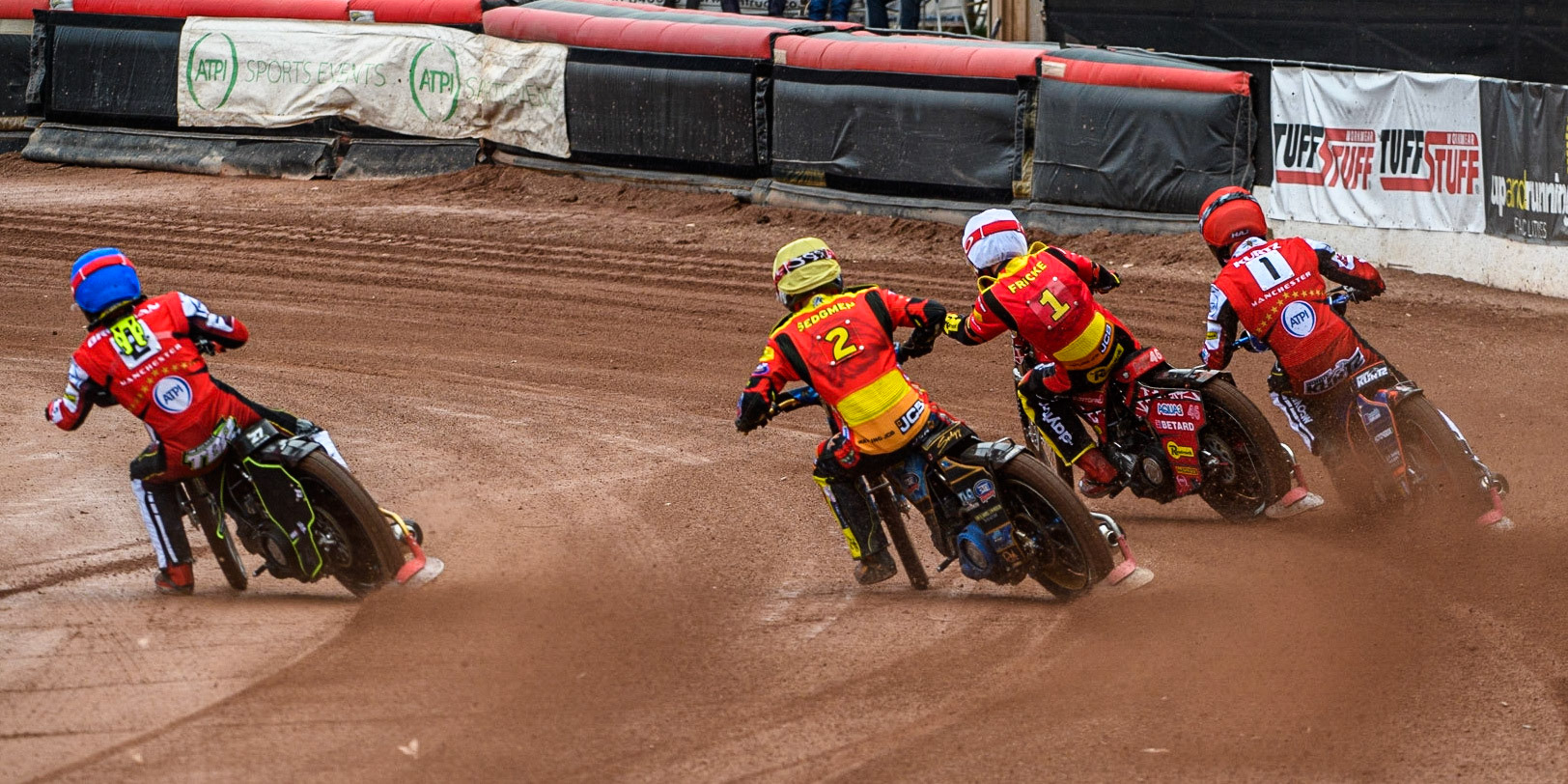 Tom Brennan (Blue) inside Max Fricke (White), Justin Sedgmen (Yellow) and Brady Kurtz (Red) during the Sports Insure Premiership match between Belle Vue Aces and Leicester Lions at the National Speedway Stadium, Manchester on Monday 28th August 2023. (Photo: Ian Charles | MI News)