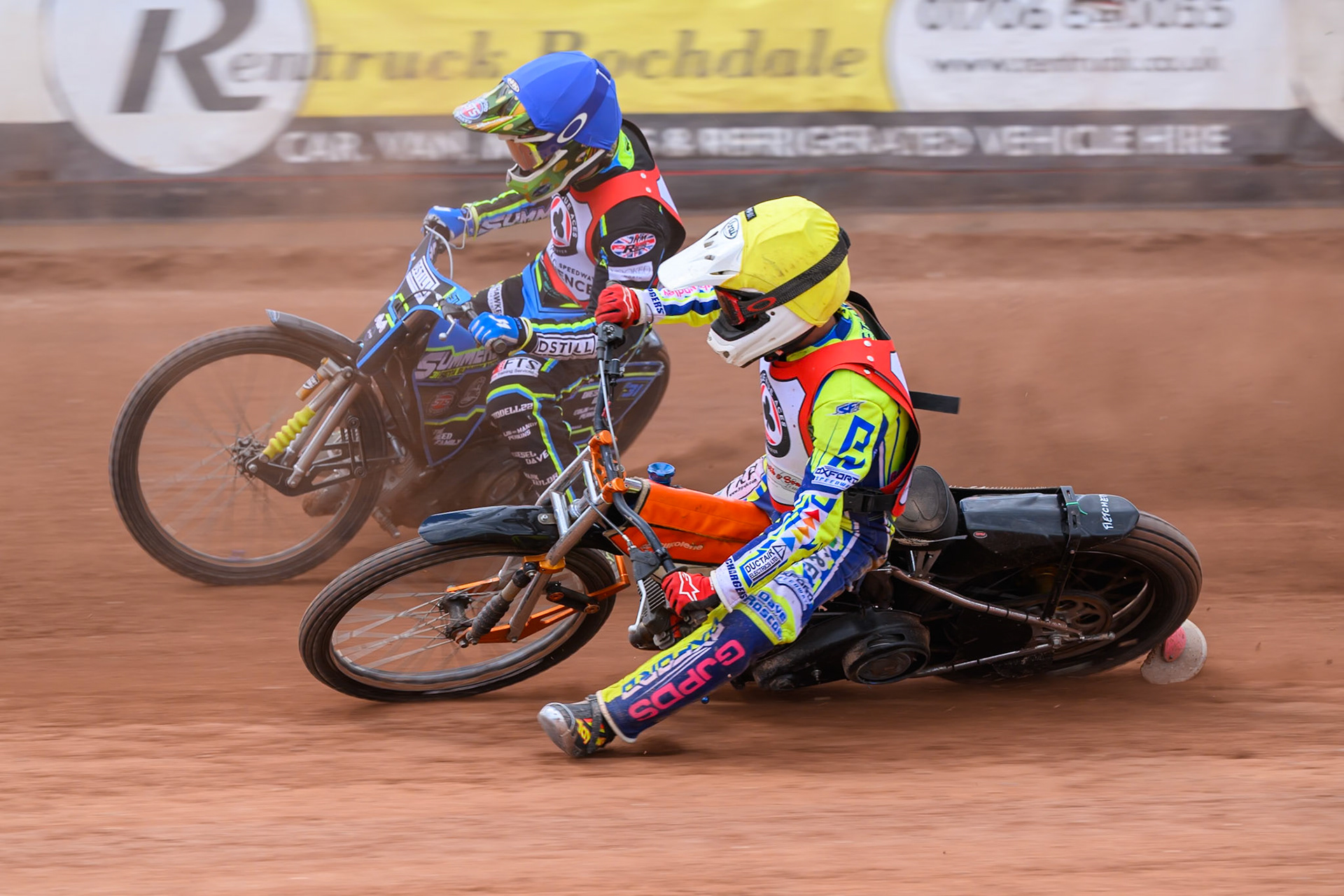 JR ASHWORTH &amp; SONS COLTS ACADEMY INDIVIDUALHarry Fletcher in Yellow rides inside Senna Summers in Blue before he slides off during the JR Ashworth &amp; Sons Colts Individual at the National Speedway Stadium, Manchester on Sunday 10th May 2026. (Photo: Ian Charles | MI News)